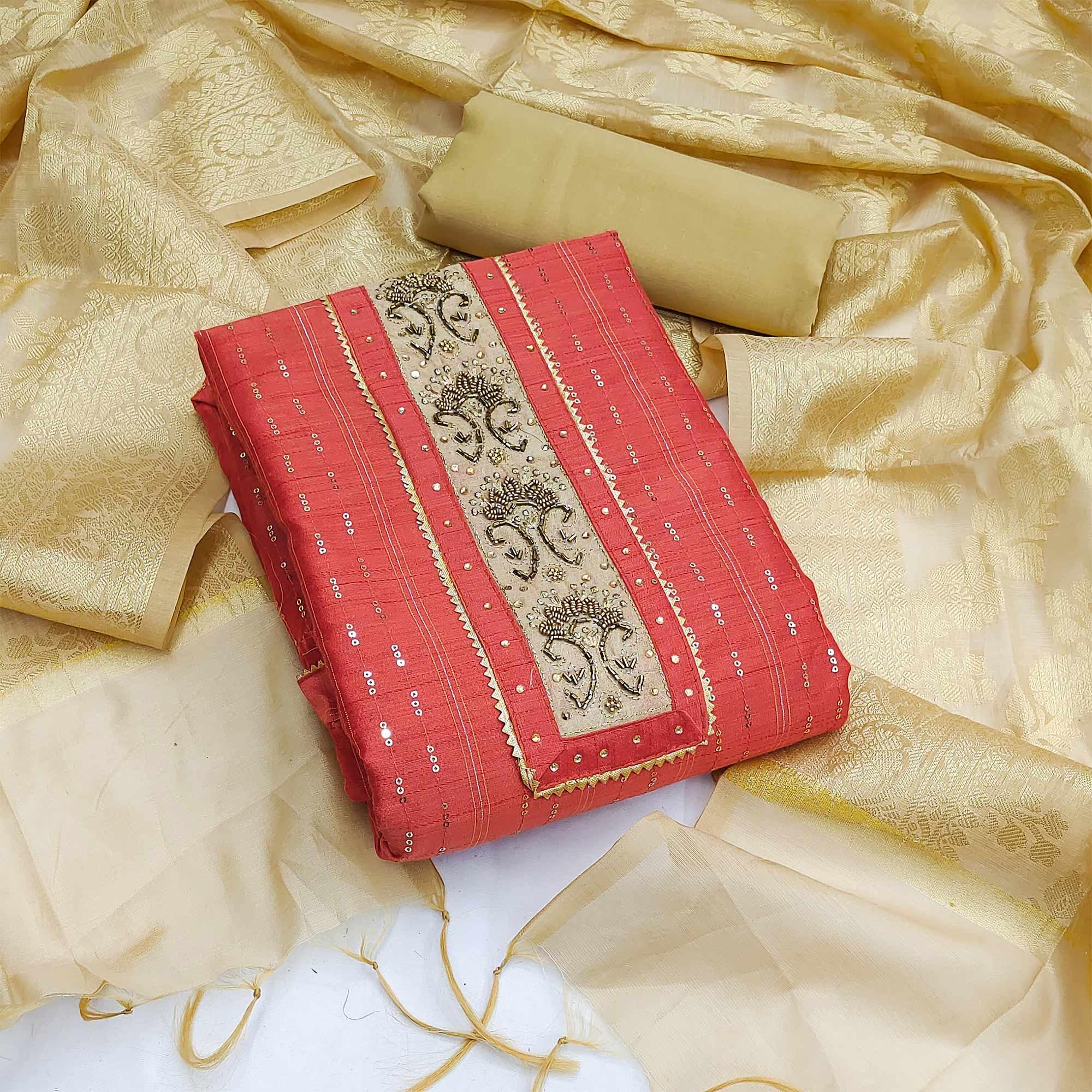 Rust Festive Wear Sequence Work Chanderi Dress Material - Peachmode