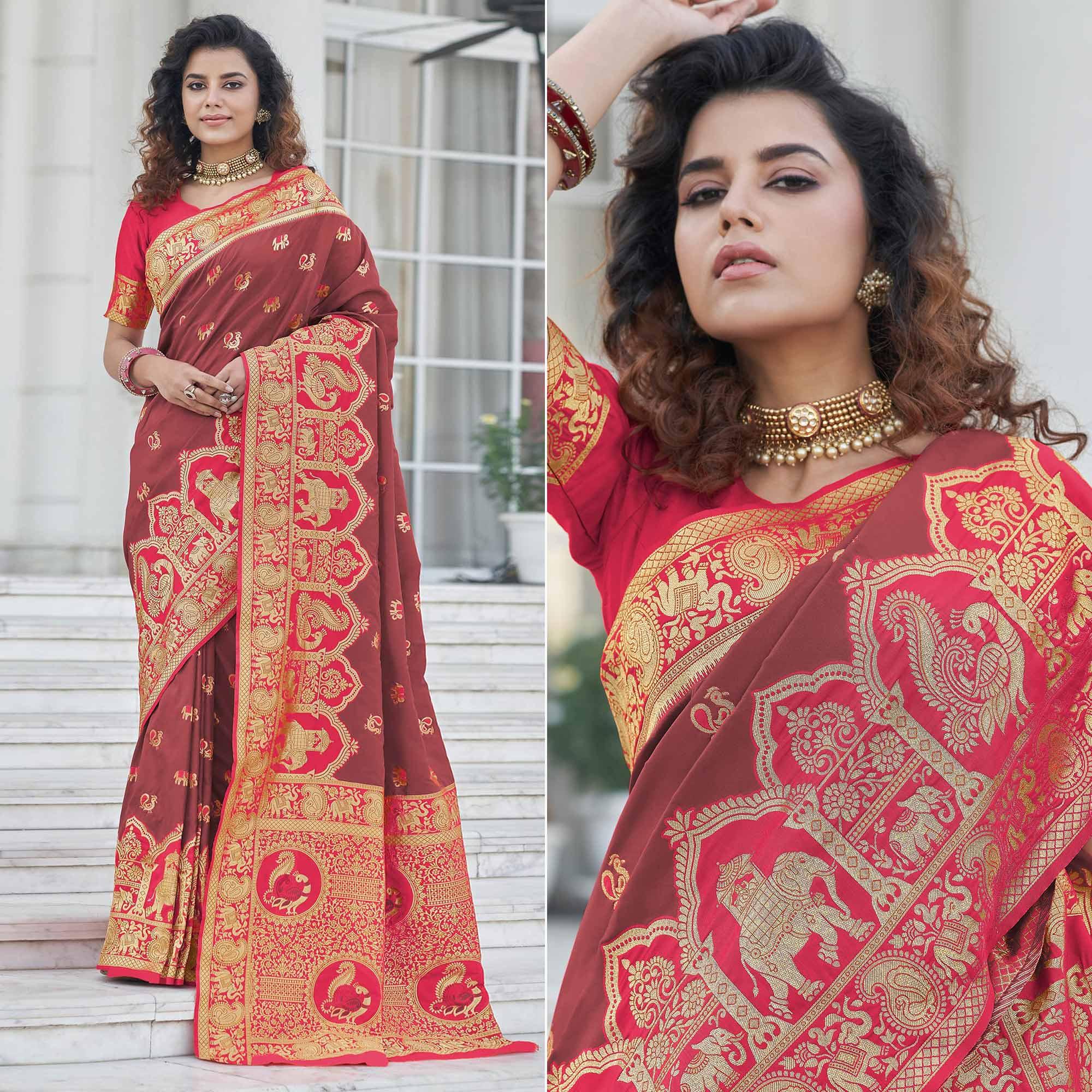 Rust Festive Wear Zari Woven Banarasi Silk Saree - Peachmode