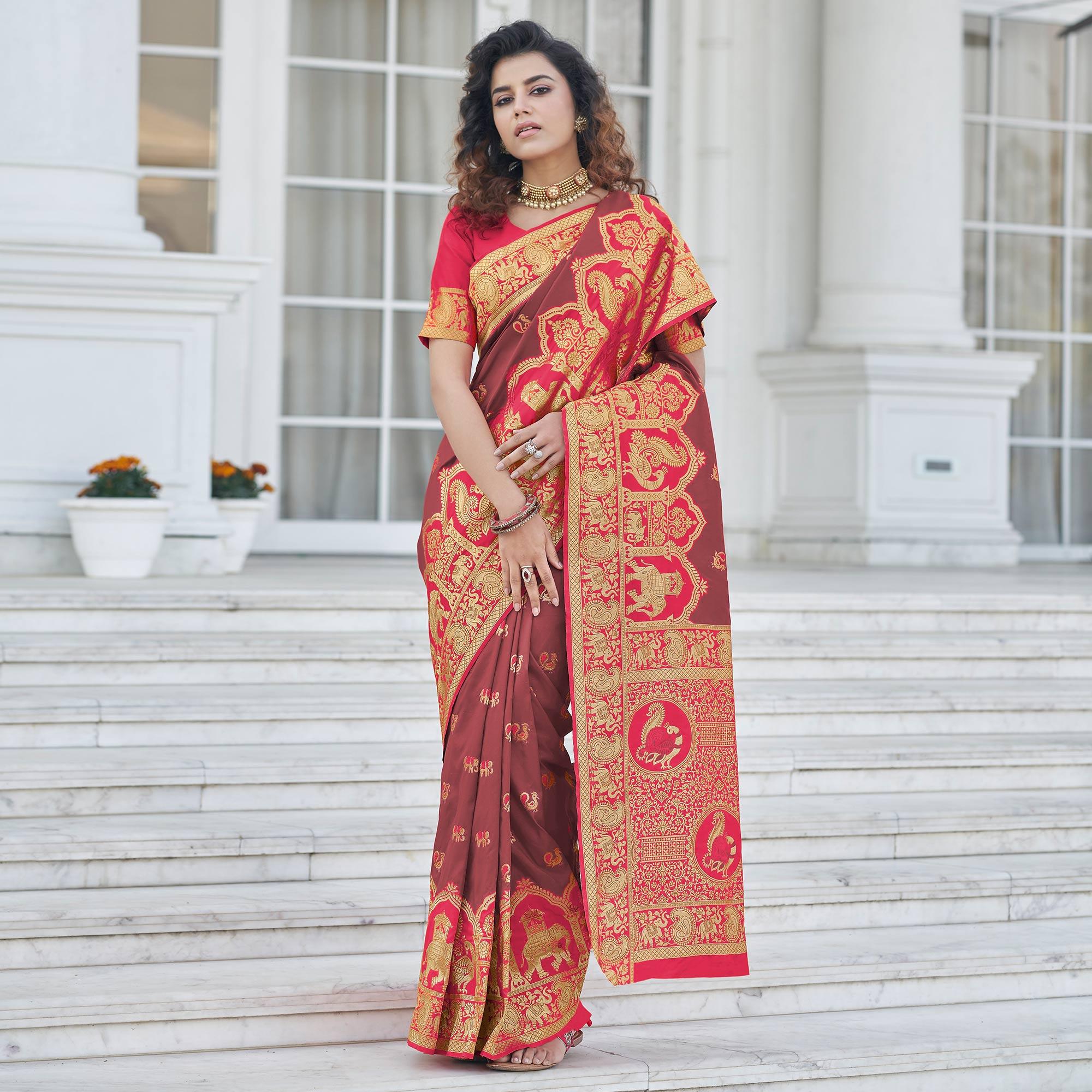 Rust Festive Wear Zari Woven Banarasi Silk Saree - Peachmode