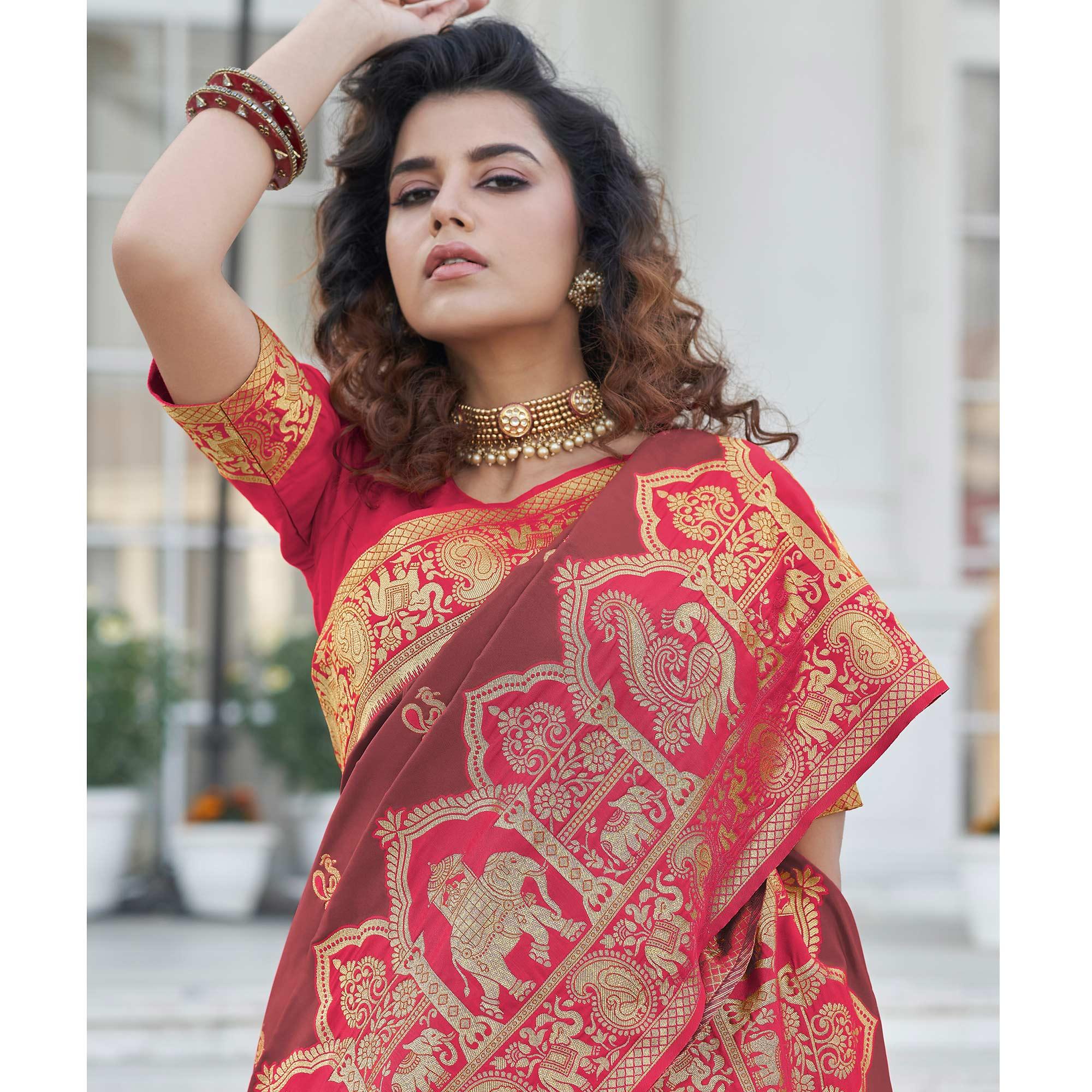 Rust Festive Wear Zari Woven Banarasi Silk Saree - Peachmode