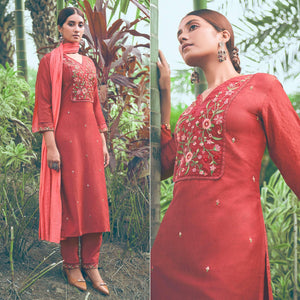 Rust Floral Embroidered Chiffon Kurti Pant Set with Dupatta - Peachmode
