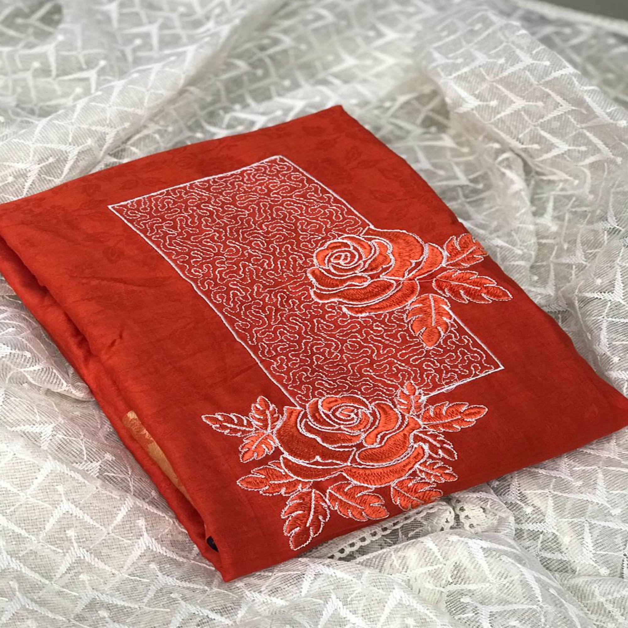 Rust Floral Embroidered Cotton Blend Dress Material - Peachmode