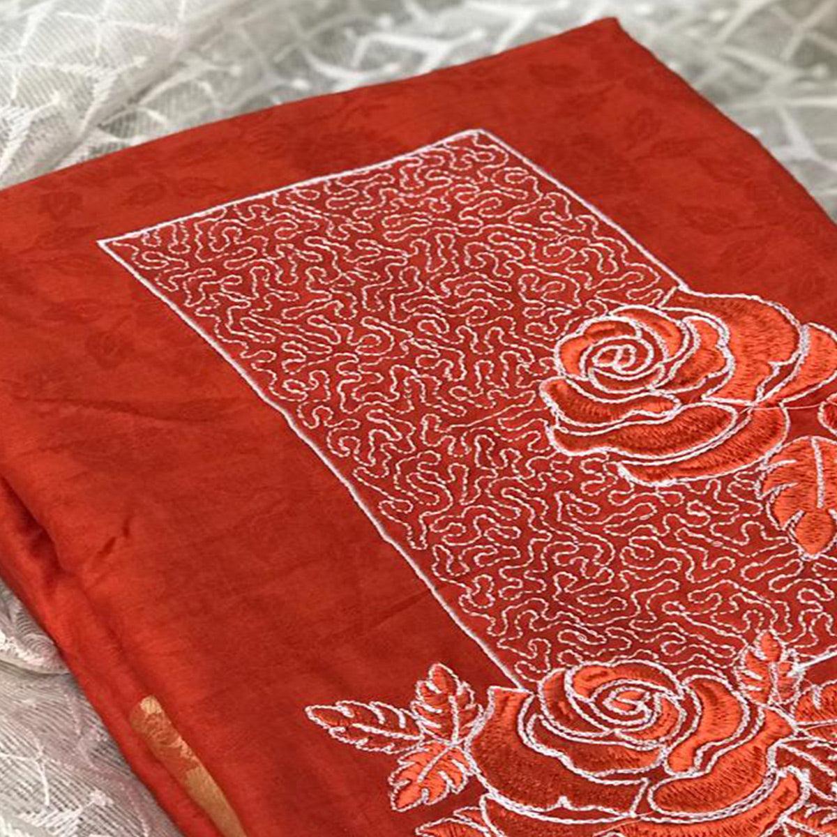 Rust Floral Embroidered Cotton Blend Dress Material - Peachmode