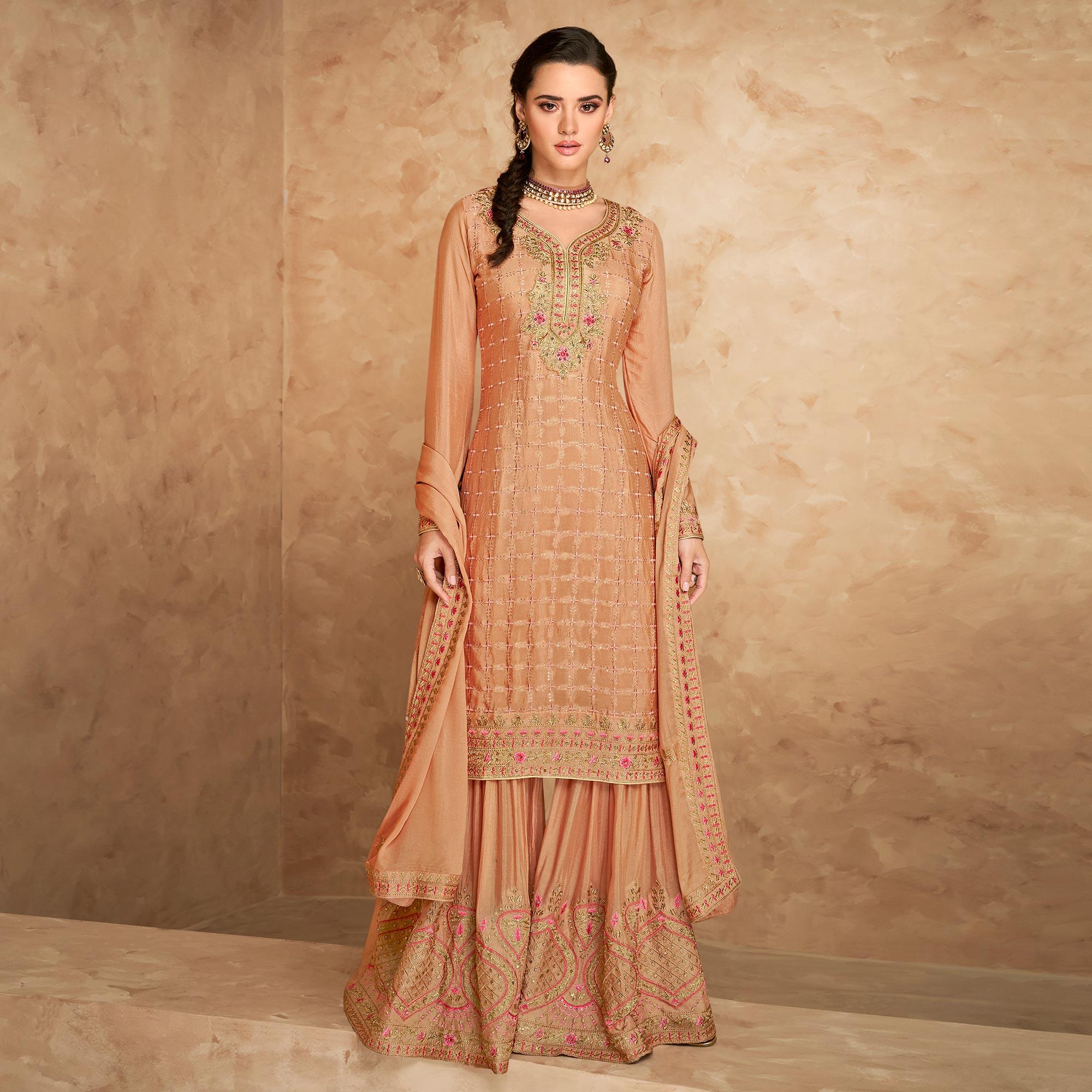 Rust Floral Embroidered Georgette Partywear Palazzo Suit - Peachmode