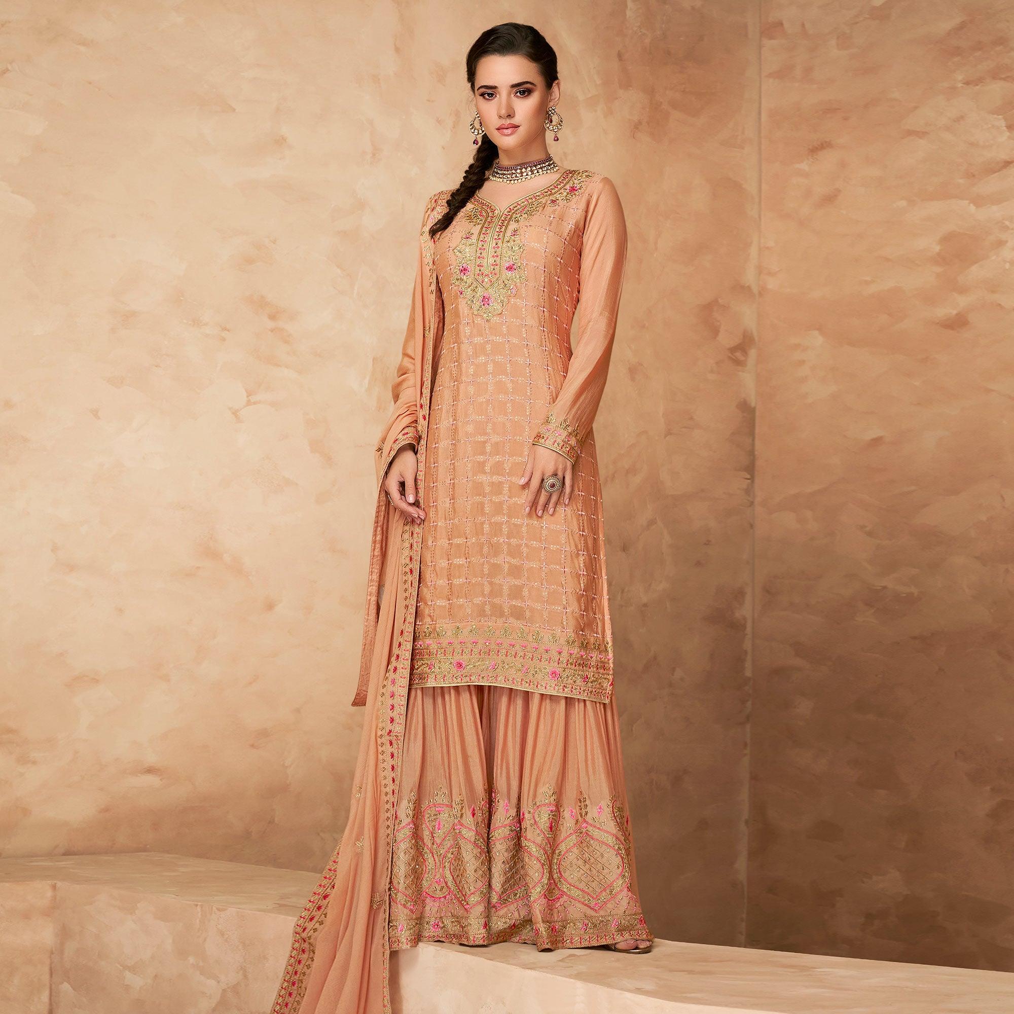 Rust Floral Embroidered Georgette Partywear Palazzo Suit - Peachmode