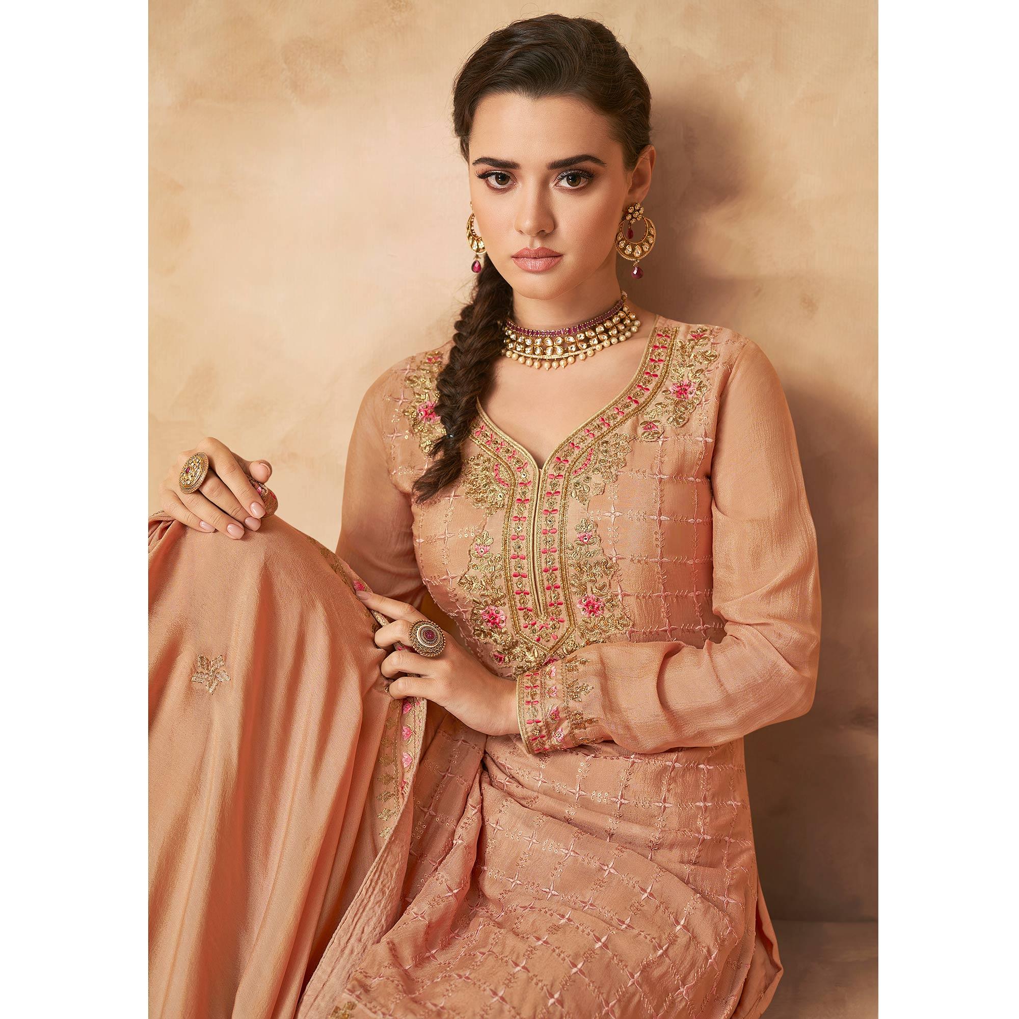 Rust Floral Embroidered Georgette Partywear Palazzo Suit - Peachmode