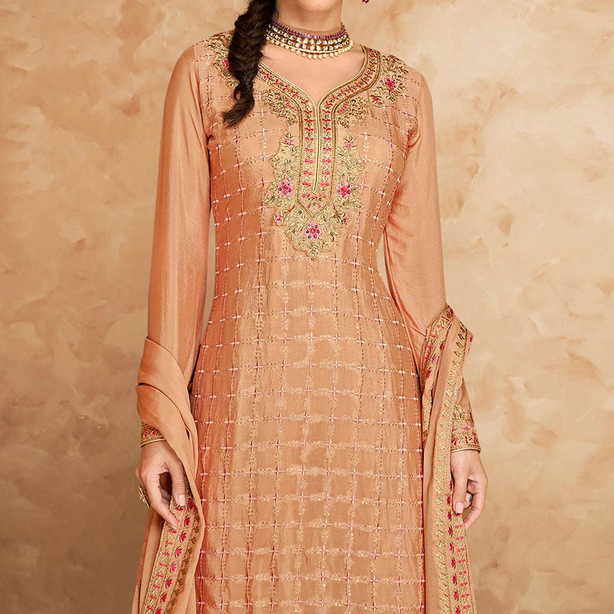Rust Floral Embroidered Georgette Partywear Palazzo Suit - Peachmode