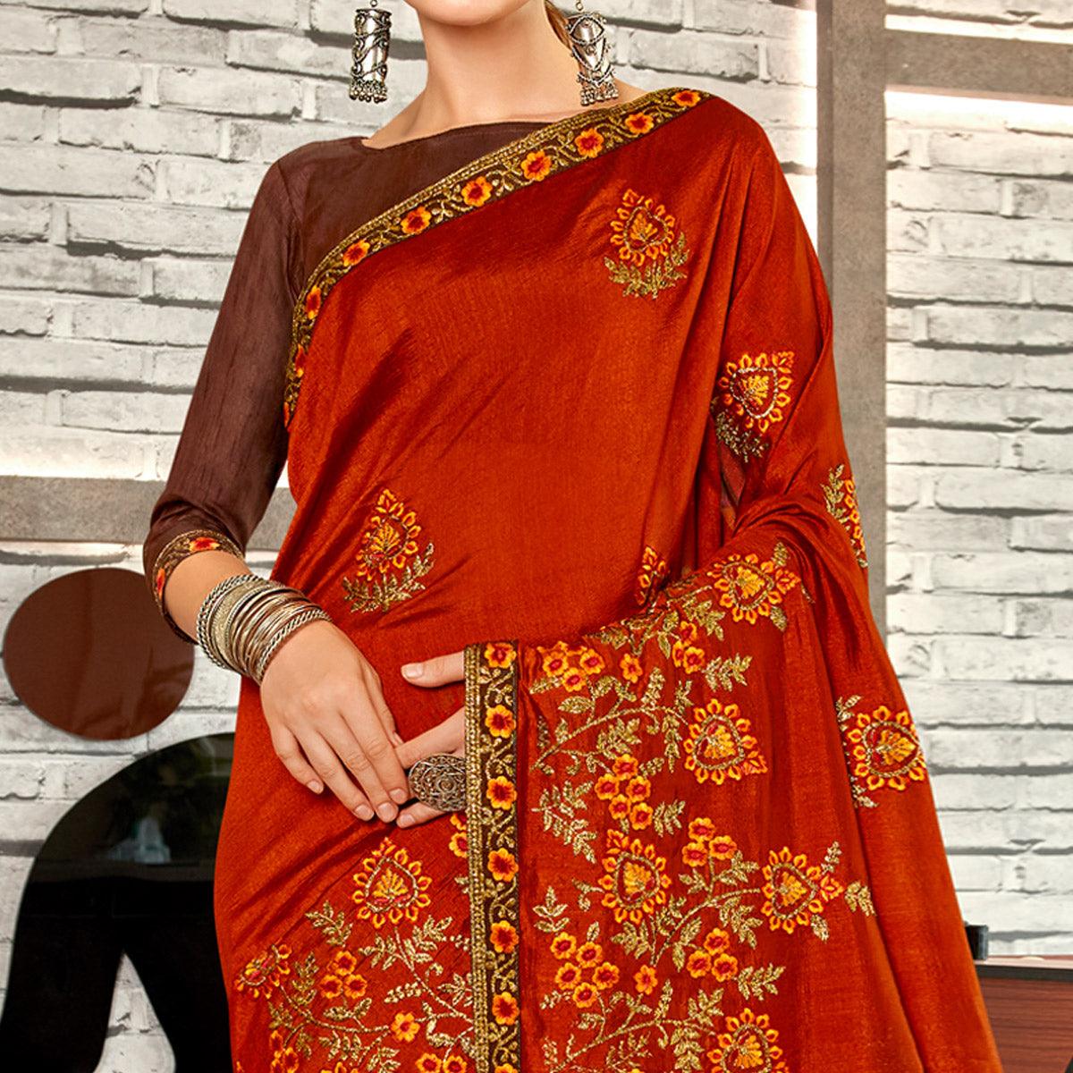 Rust Floral Embroidered Vichitra Silk Saree - Peachmode