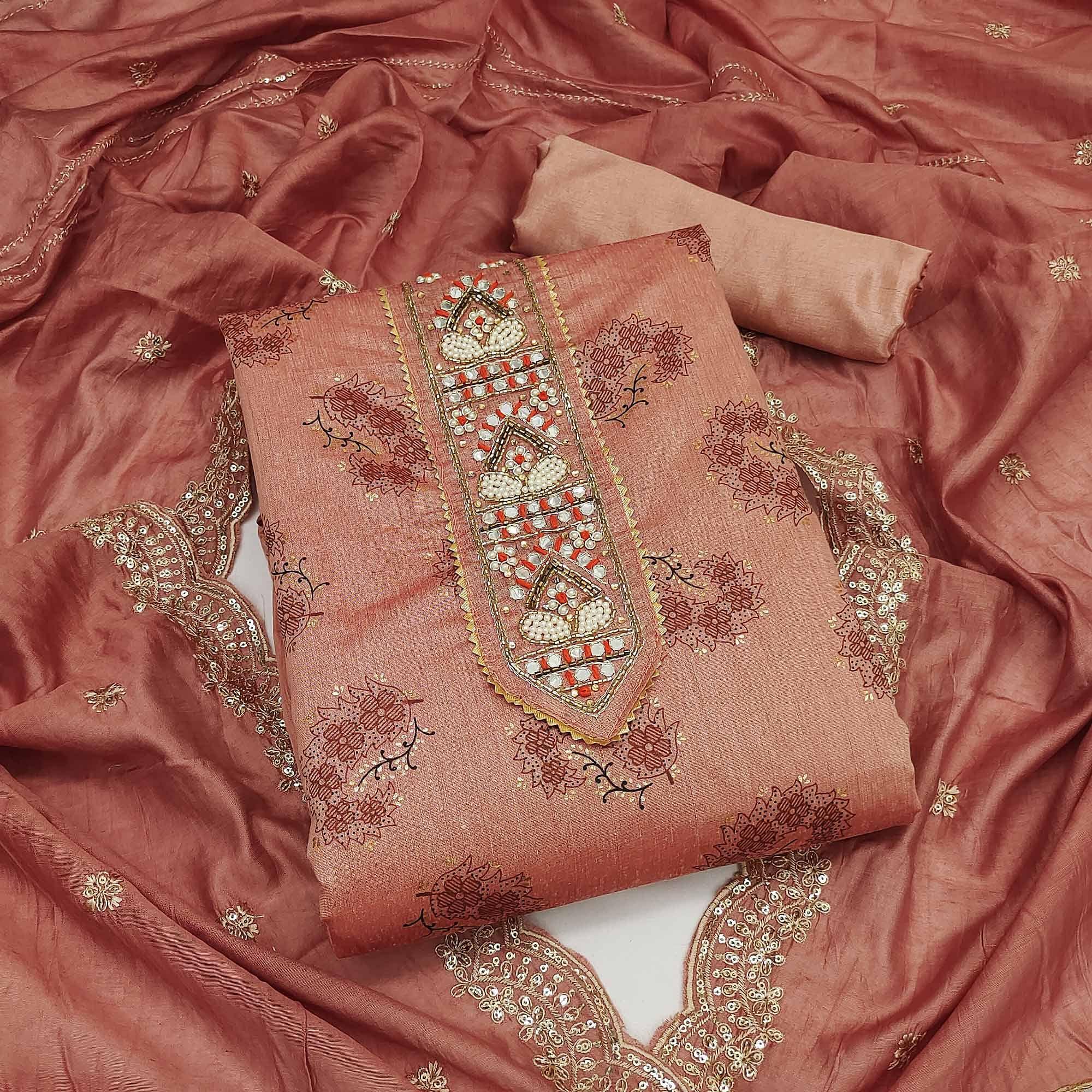 Rust Floral Printed Chanderi Dress Material - Peachmode