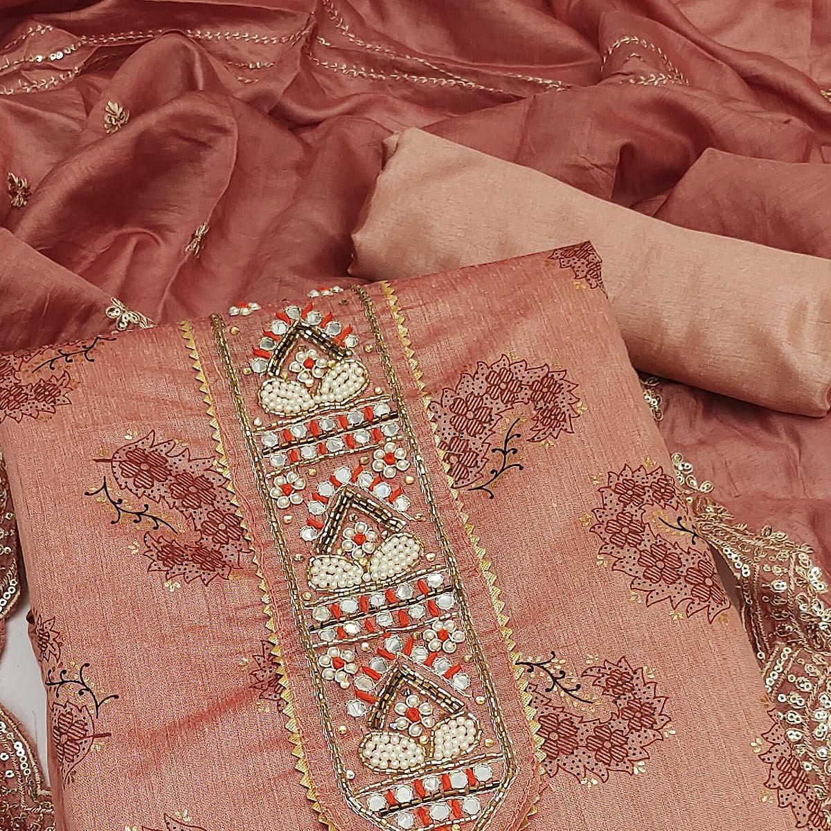 Rust Floral Printed Chanderi Dress Material - Peachmode