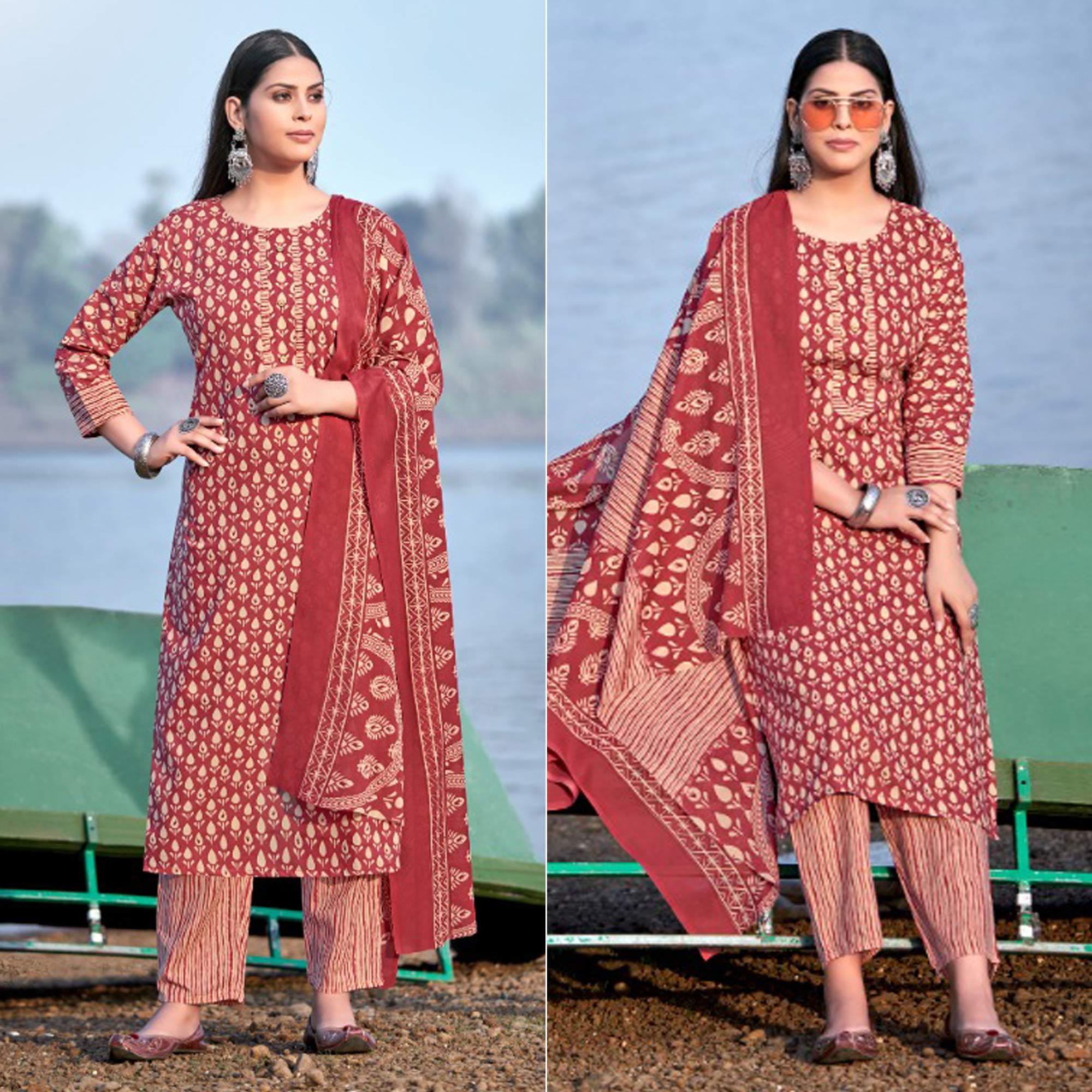 Rust Floral Printed Pure Cotton Kurti Pant Set With Dupatta - Peachmode