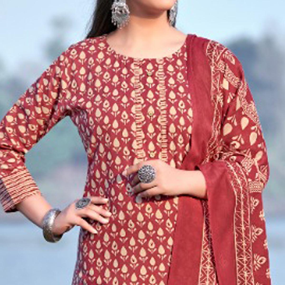 Rust Floral Printed Pure Cotton Kurti Pant Set With Dupatta - Peachmode