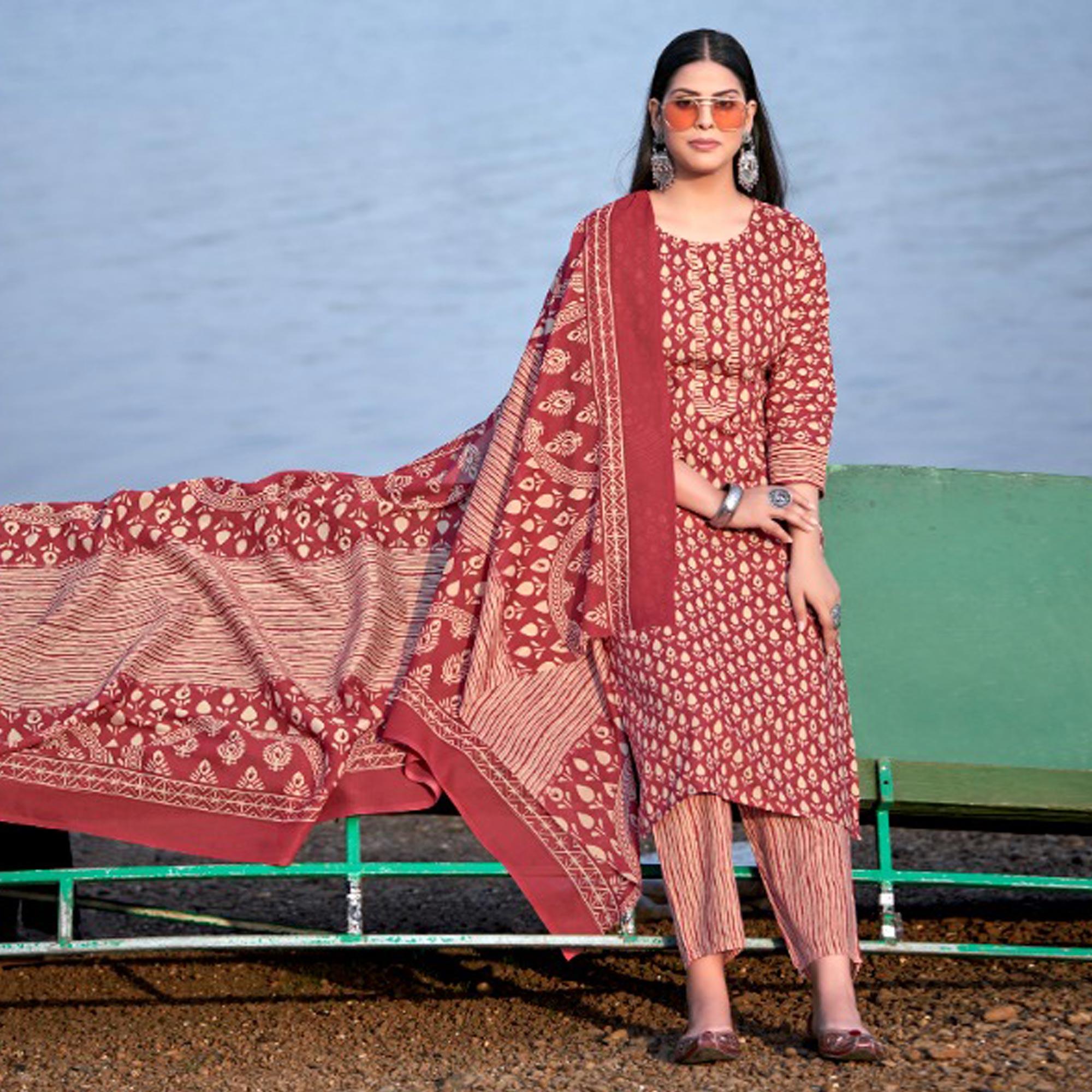 Rust Floral Printed Pure Cotton Kurti Pant Set With Dupatta - Peachmode