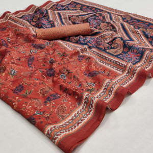 Rust Floral Printed Pure Cotton Saree - Peachmode