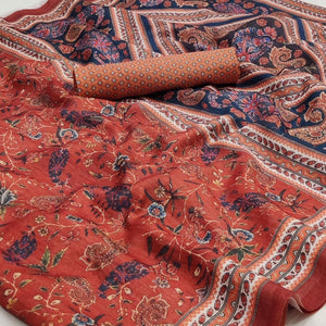 Rust Floral Printed Pure Cotton Saree - Peachmode