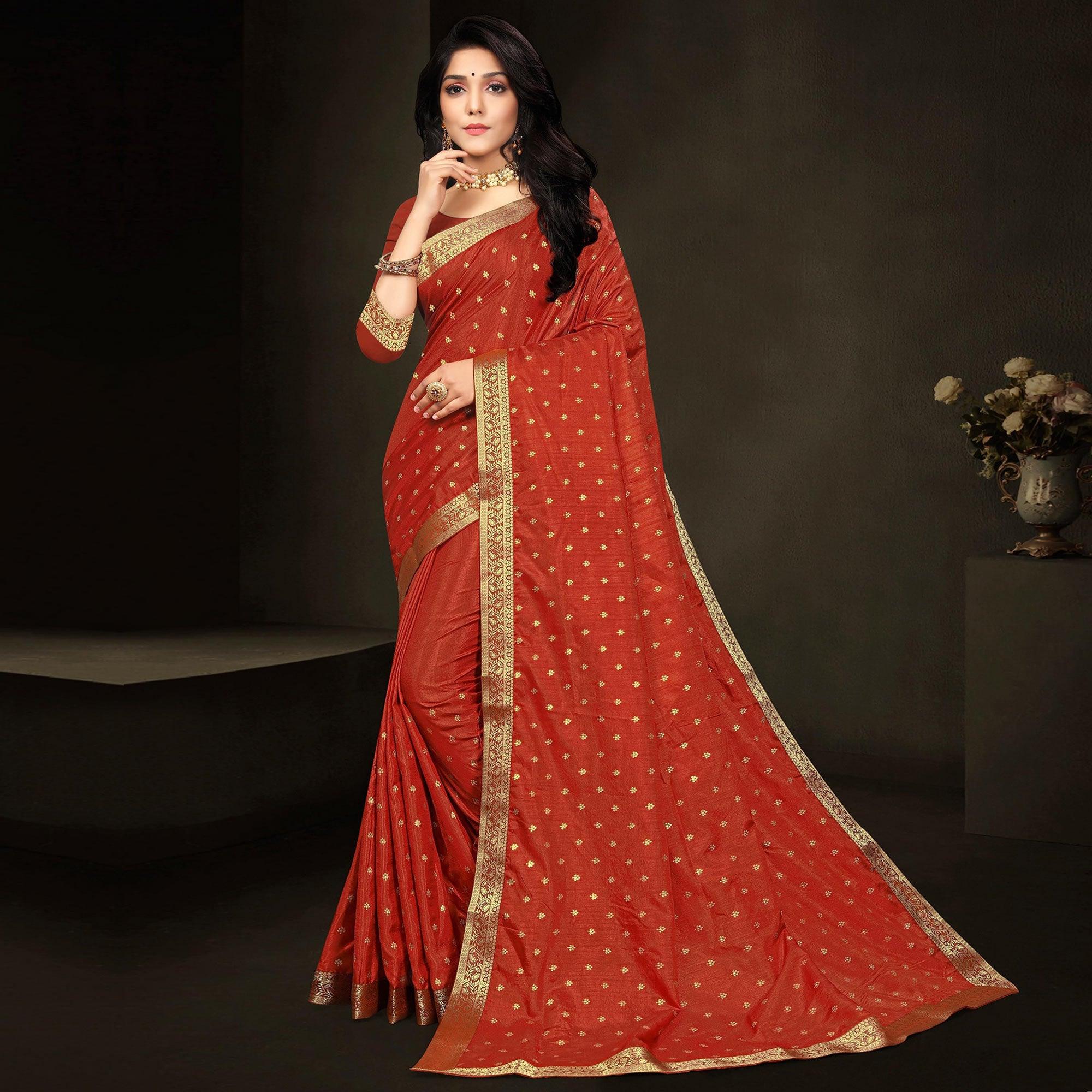 Rust Floral Woven Vichitra Silk Saree - Peachmode