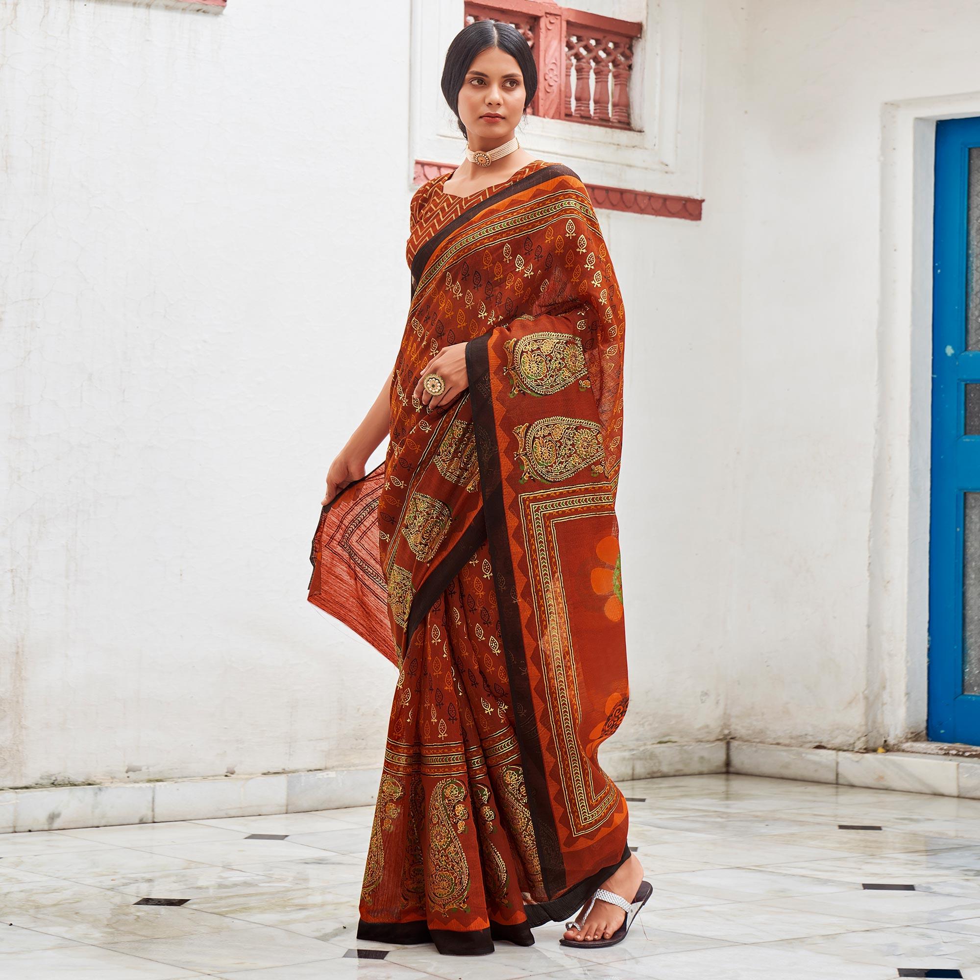 Rust Foil Digital Printed Poly Cotton Saree - Peachmode