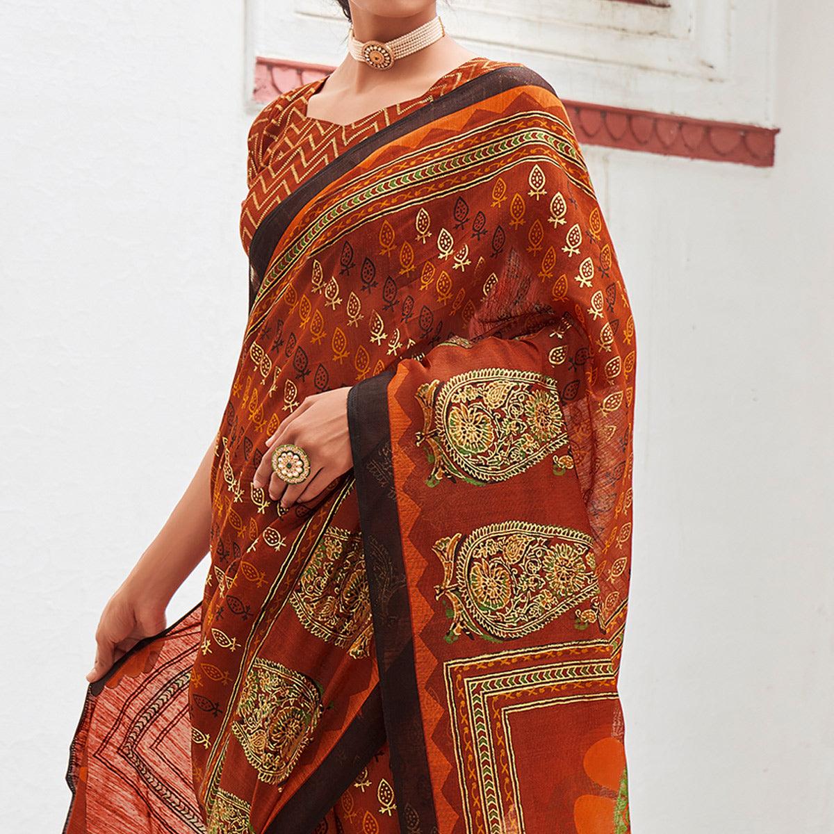 Rust Foil Digital Printed Poly Cotton Saree - Peachmode