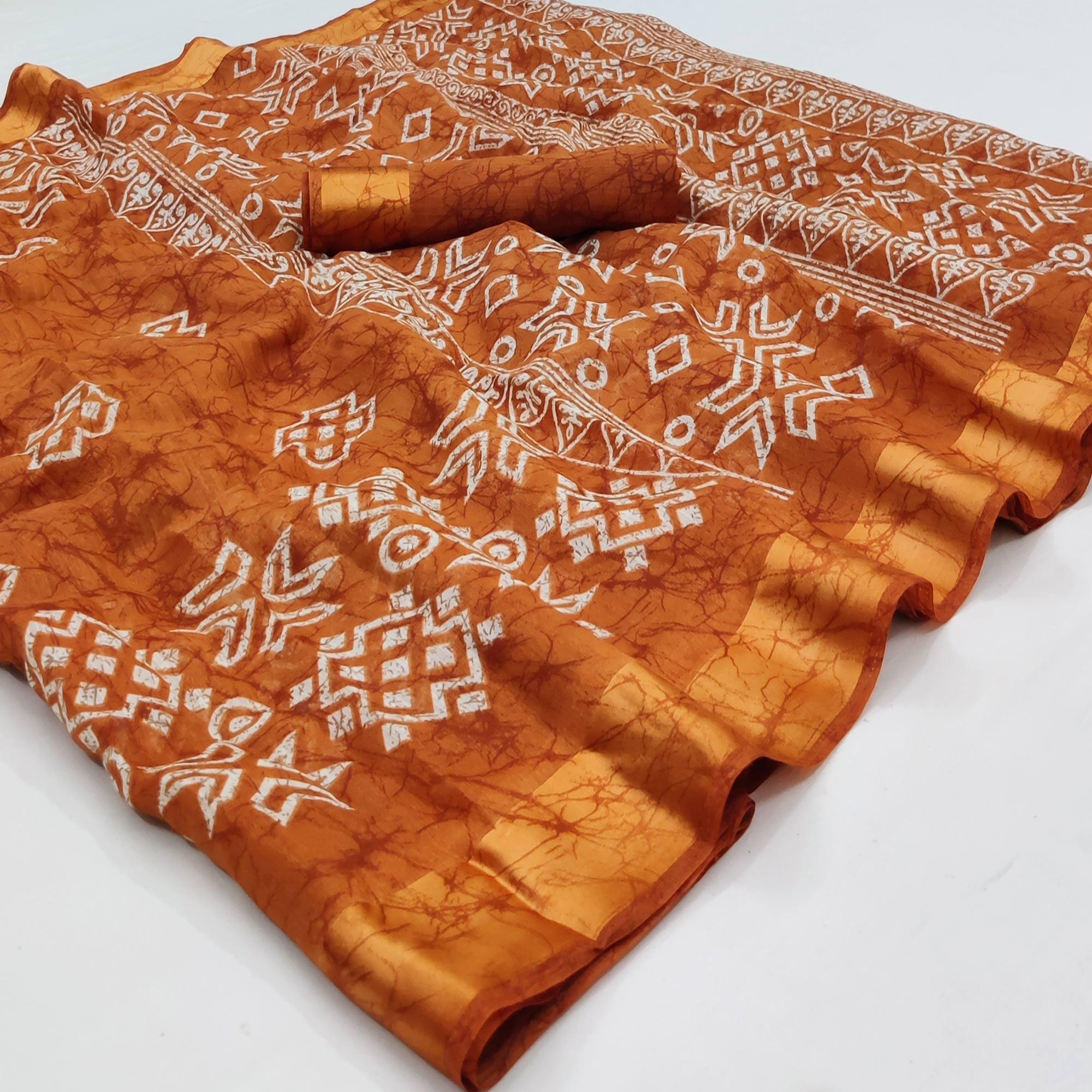 Rust Geometric Printed Linen Saree - Peachmode