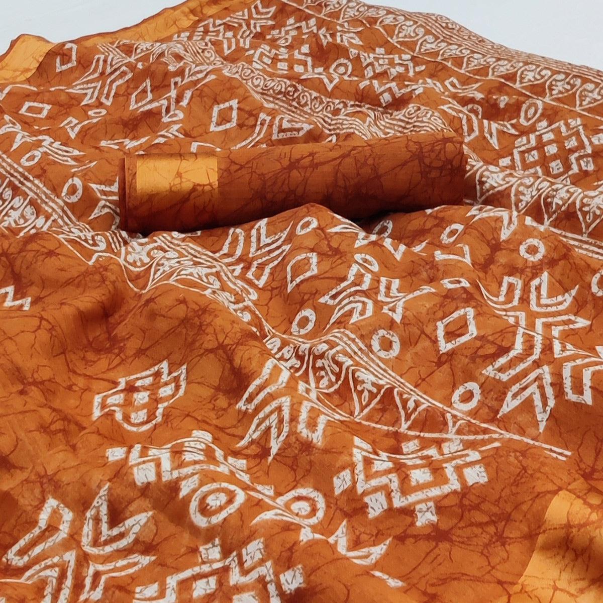 Rust Geometric Printed Linen Saree - Peachmode