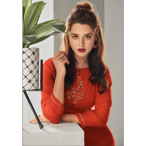 Rust Orange Casual Wear Embroidered Pure Viscose Kurti - Peachmode