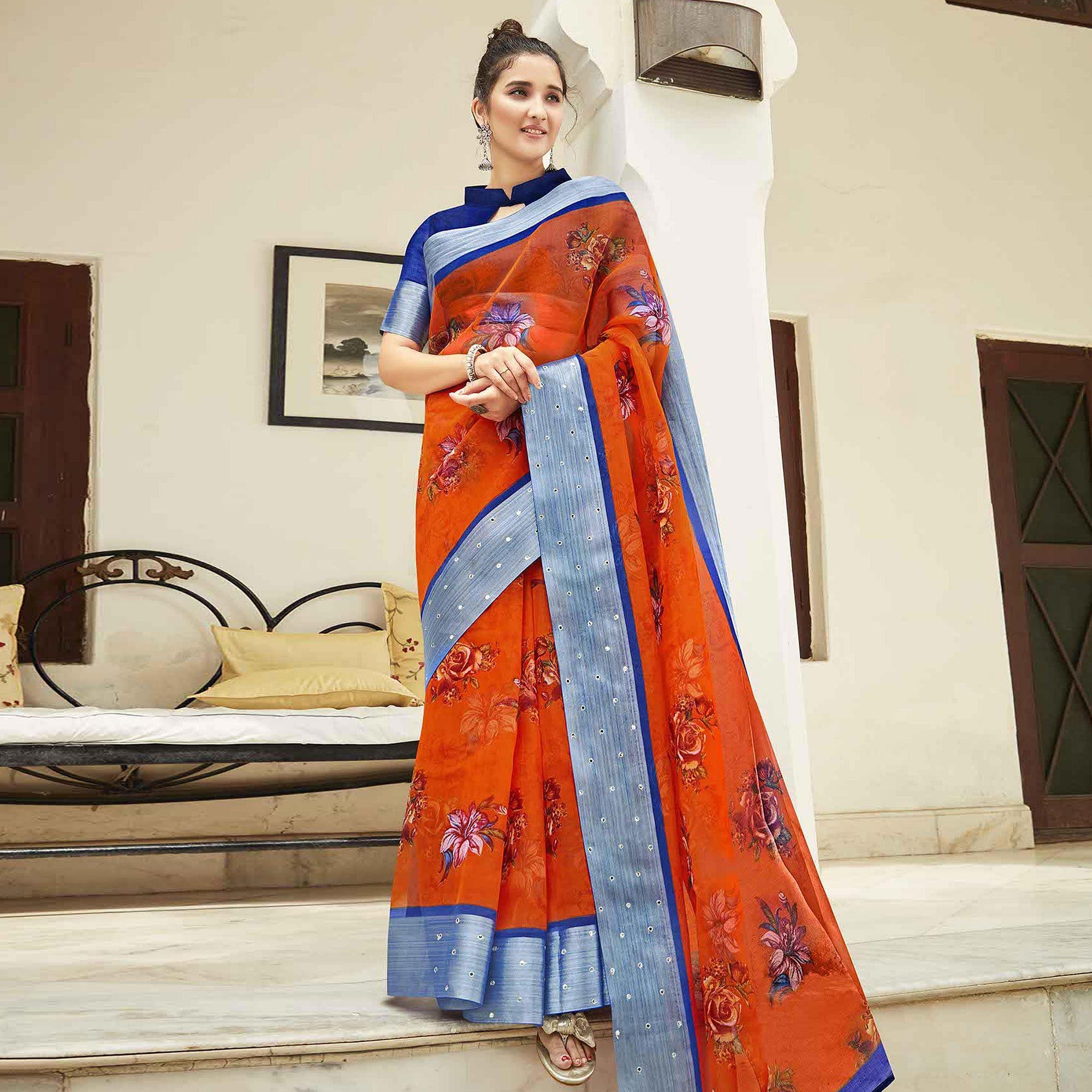 Rust Orange Casual Wear Printed Organza Saree With Border - Peachmode