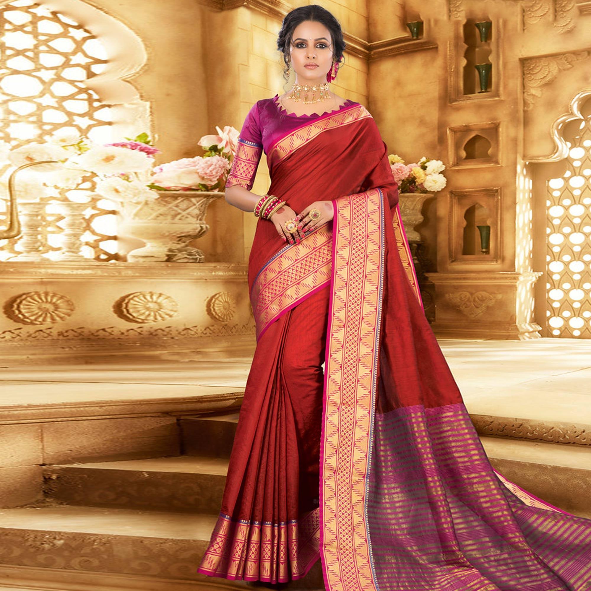 Rust Orange Colored Festive Wear Woven Jute Saree - Peachmode