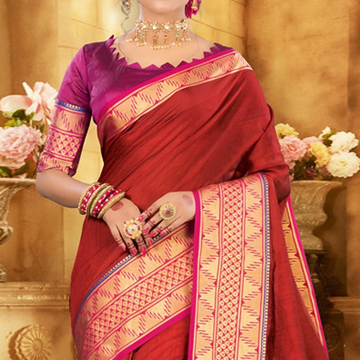 Rust Orange Colored Festive Wear Woven Jute Saree - Peachmode