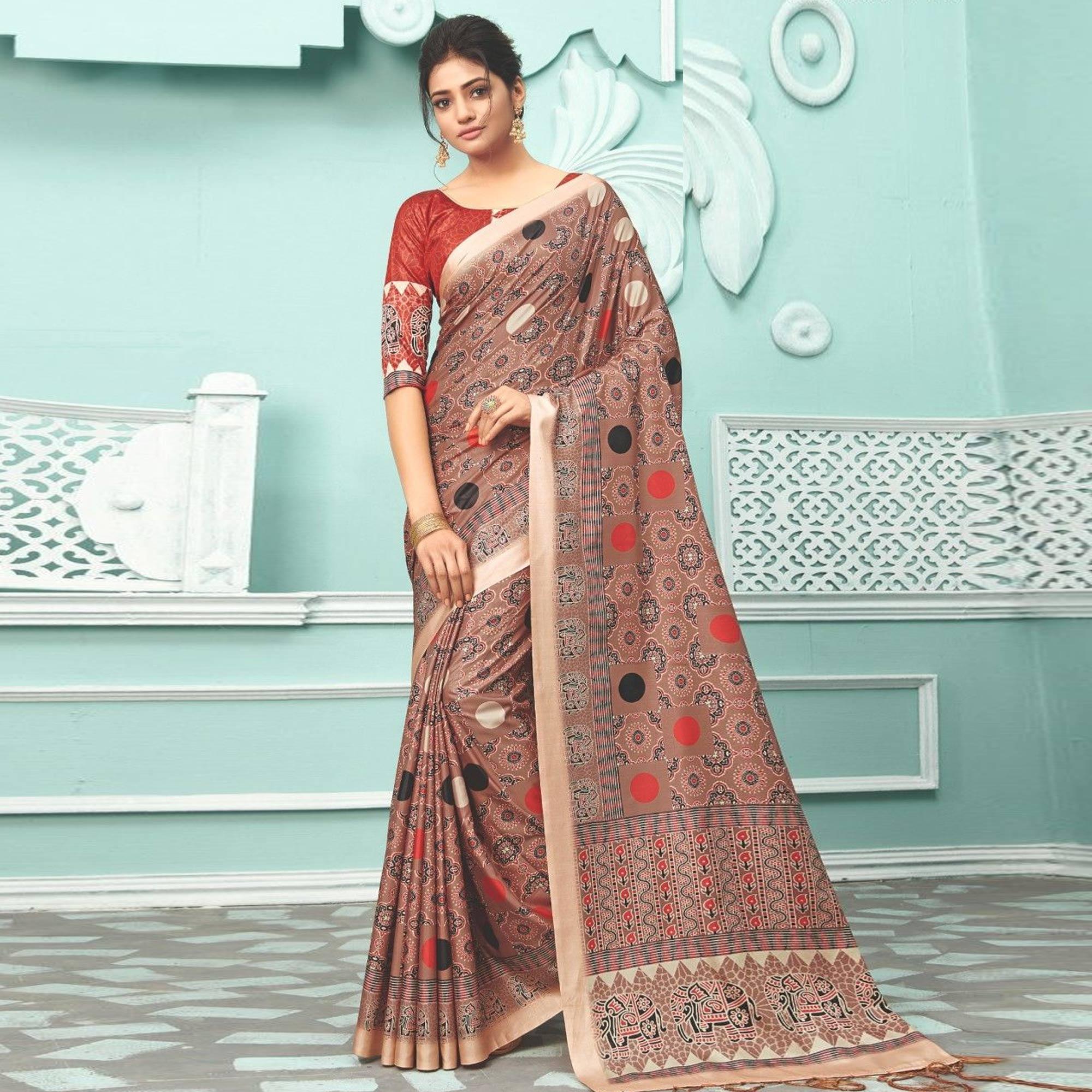 Rust Party Wear Satin Printed Saree With Unstitched Blouse - Peachmode