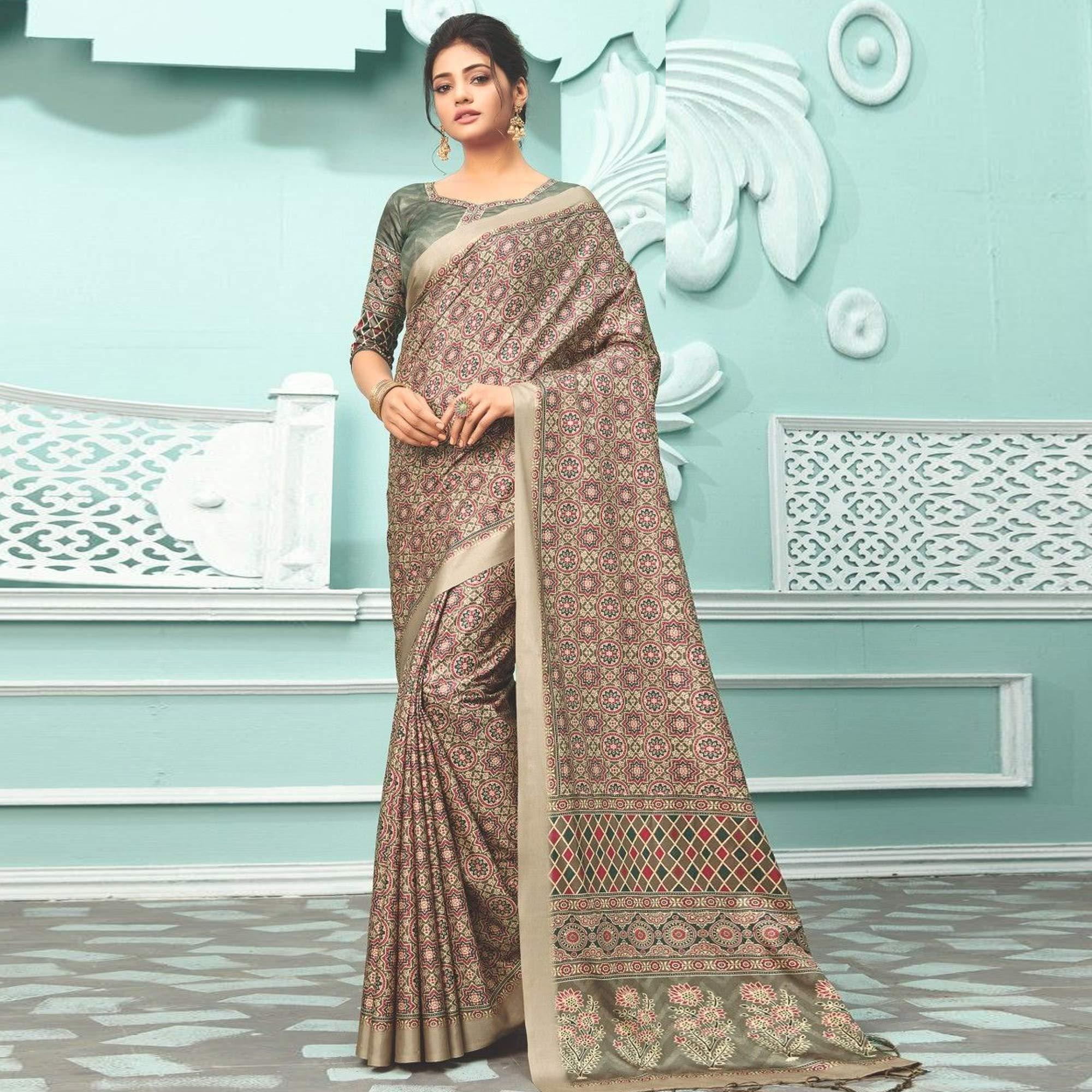 Rust Party Wear Satin Printed Saree With Unstitched Blouse - Peachmode