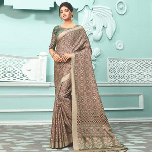 Rust Party Wear Satin Printed Saree With Unstitched Blouse - Peachmode