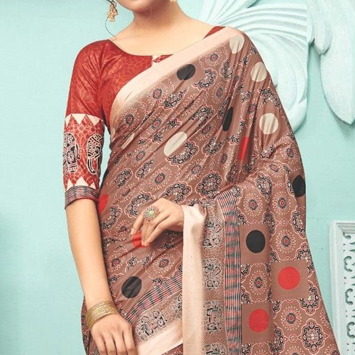 Rust Party Wear Satin Printed Saree With Unstitched Blouse - Peachmode