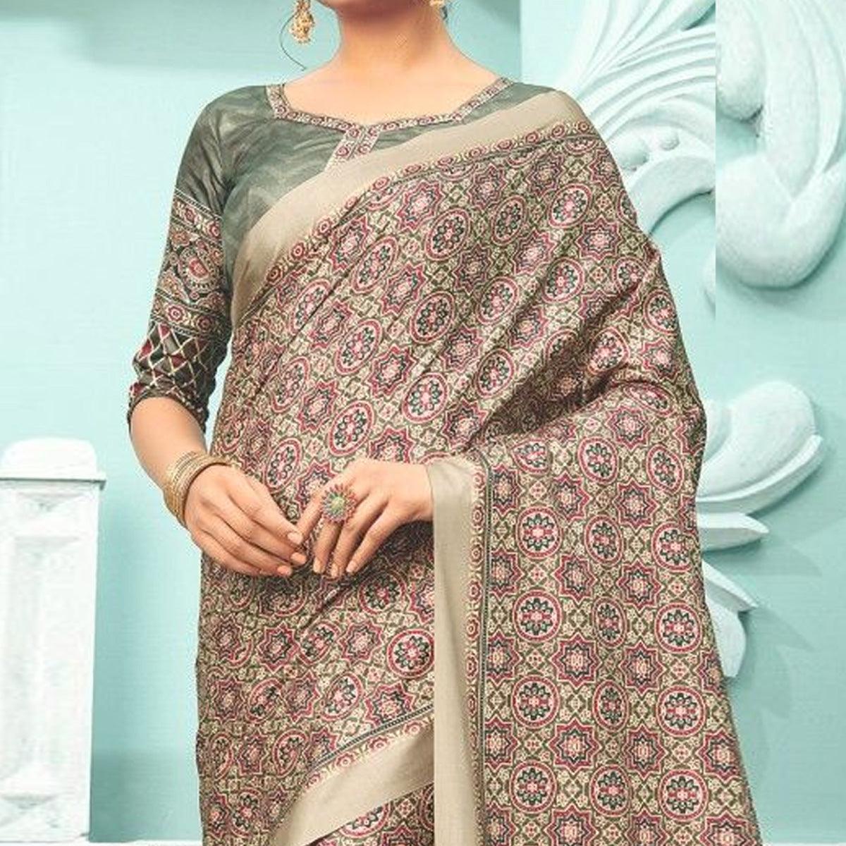 Rust Party Wear Satin Printed Saree With Unstitched Blouse - Peachmode