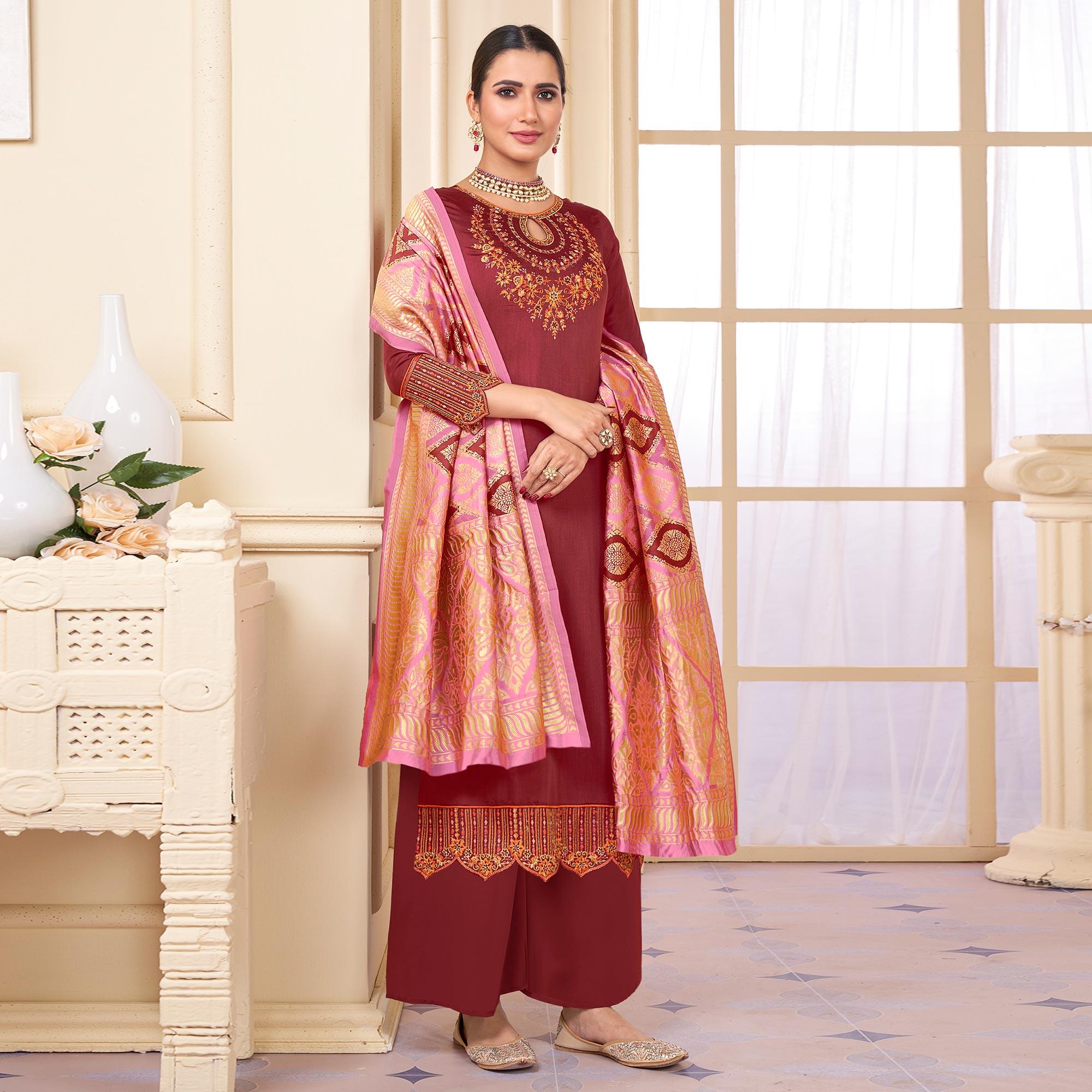 Rust Partywear Embroidered Rayon Palazzo Suit - Peachmode