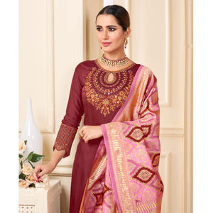 Rust Partywear Embroidered Rayon Palazzo Suit - Peachmode