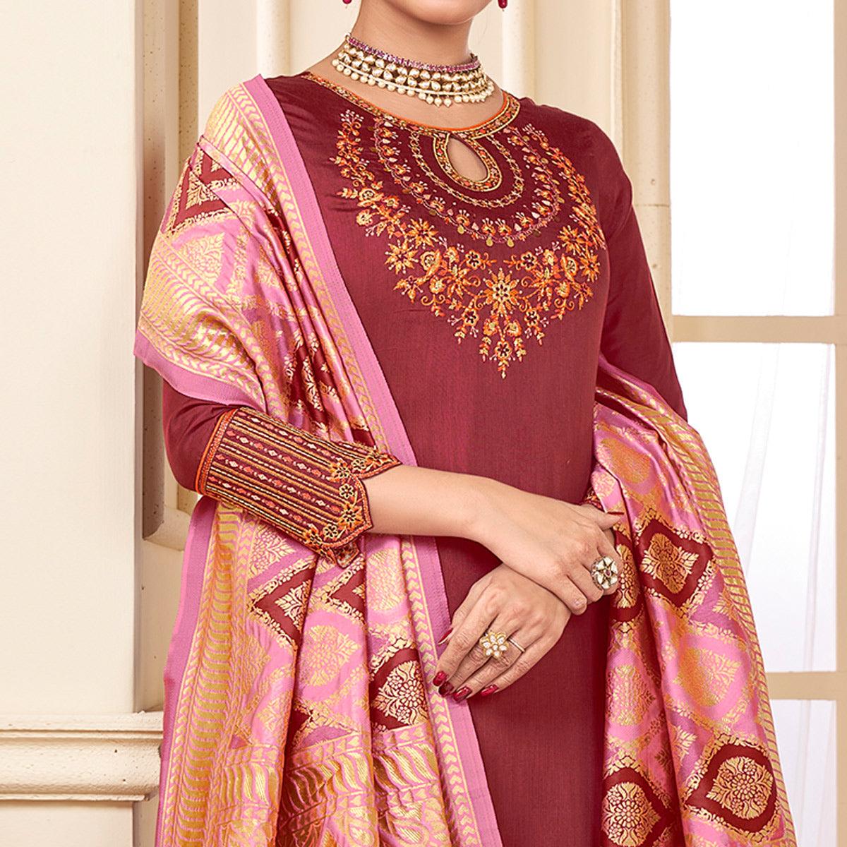 Rust Partywear Embroidered Rayon Palazzo Suit - Peachmode