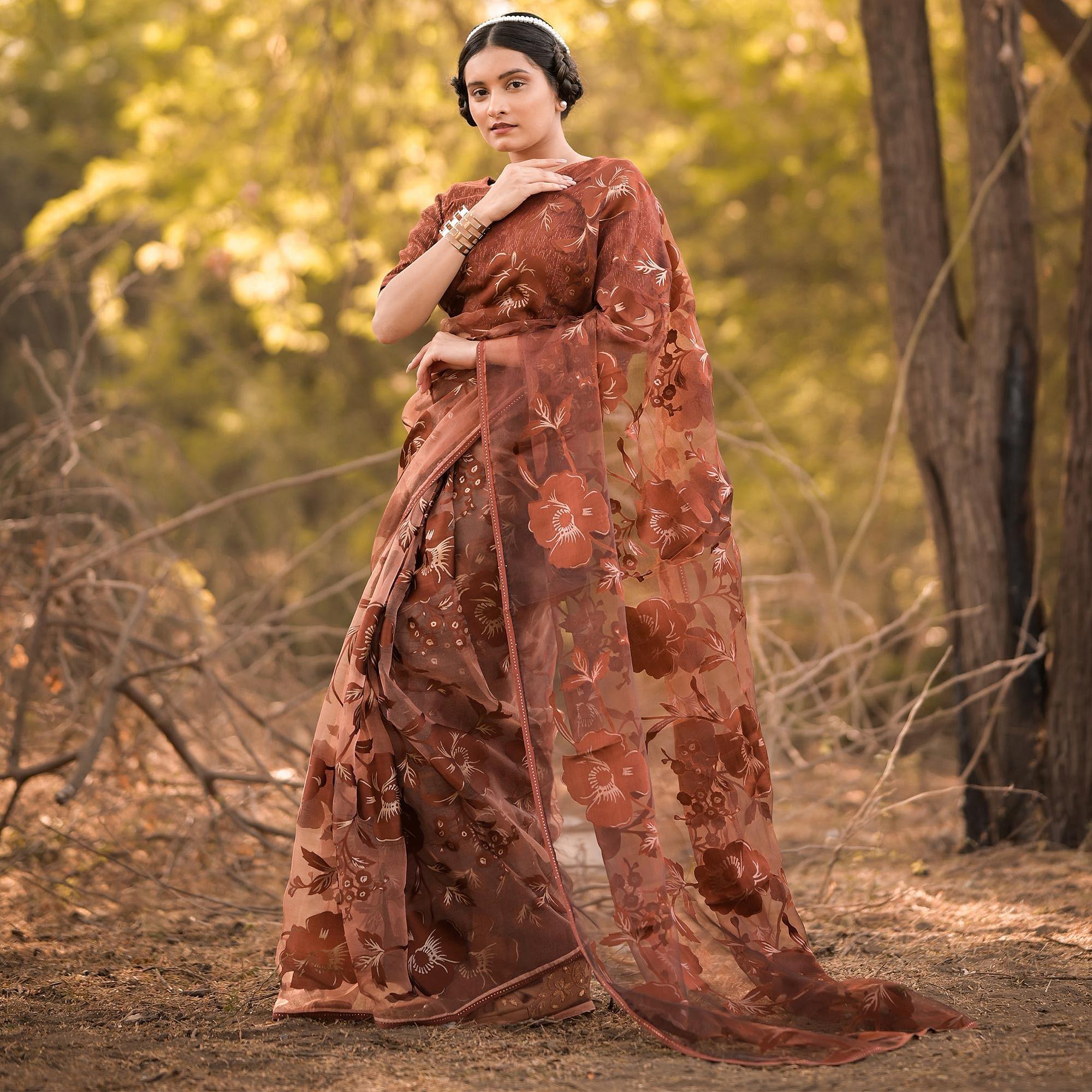 Rust Partywear Piping Stone Velvet Zari Organza Saree - Peachmode
