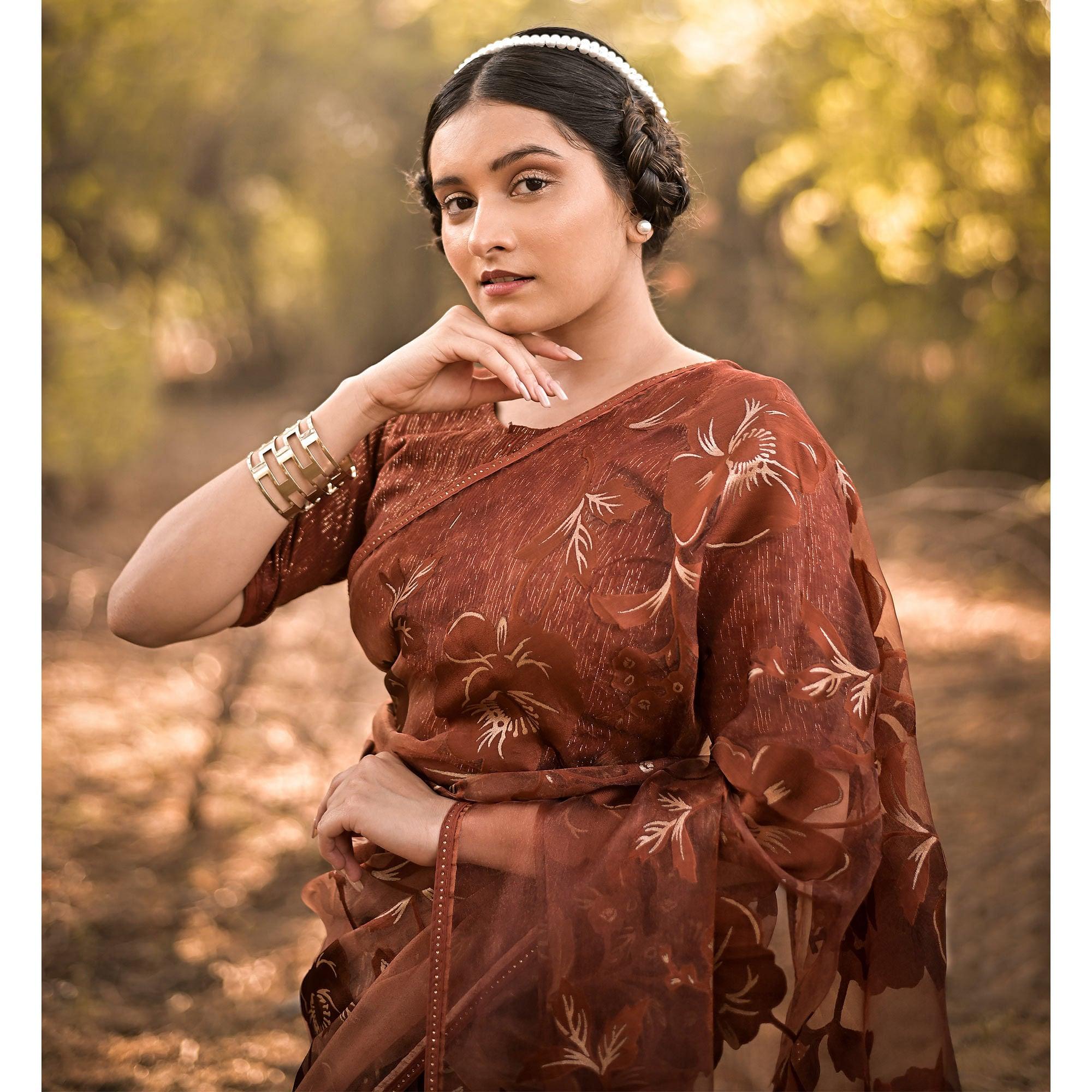 Rust Partywear Piping Stone Velvet Zari Organza Saree - Peachmode