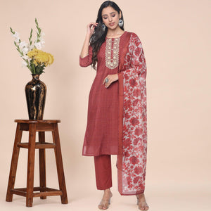 Rust Partywear Printed With Gotta Patti Muslin Kurti Pant Set With Dupatta - Peachmode