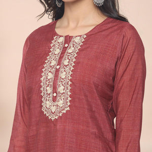 Rust Partywear Printed With Gotta Patti Muslin Kurti Pant Set With Dupatta - Peachmode