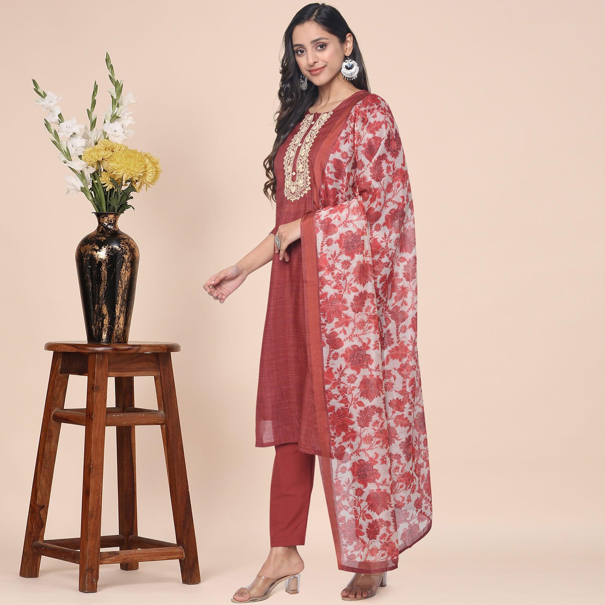 Rust Partywear Printed With Gotta Patti Muslin Kurti Pant Set With Dupatta - Peachmode