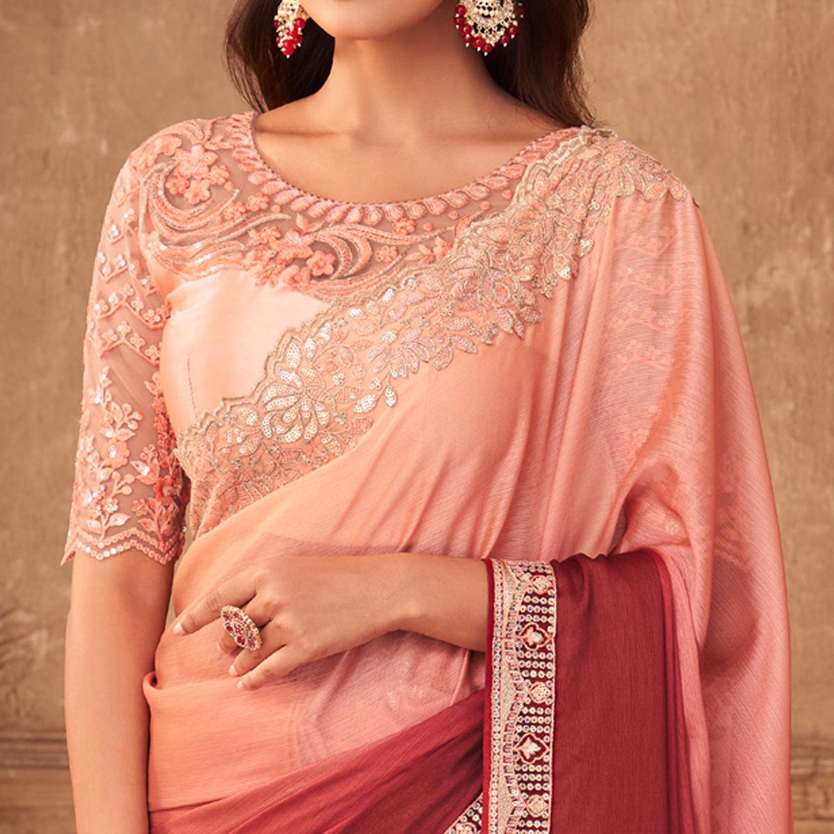 Rust-Peach Partywear Embroidered Silk Half and Half Saree - Peachmode