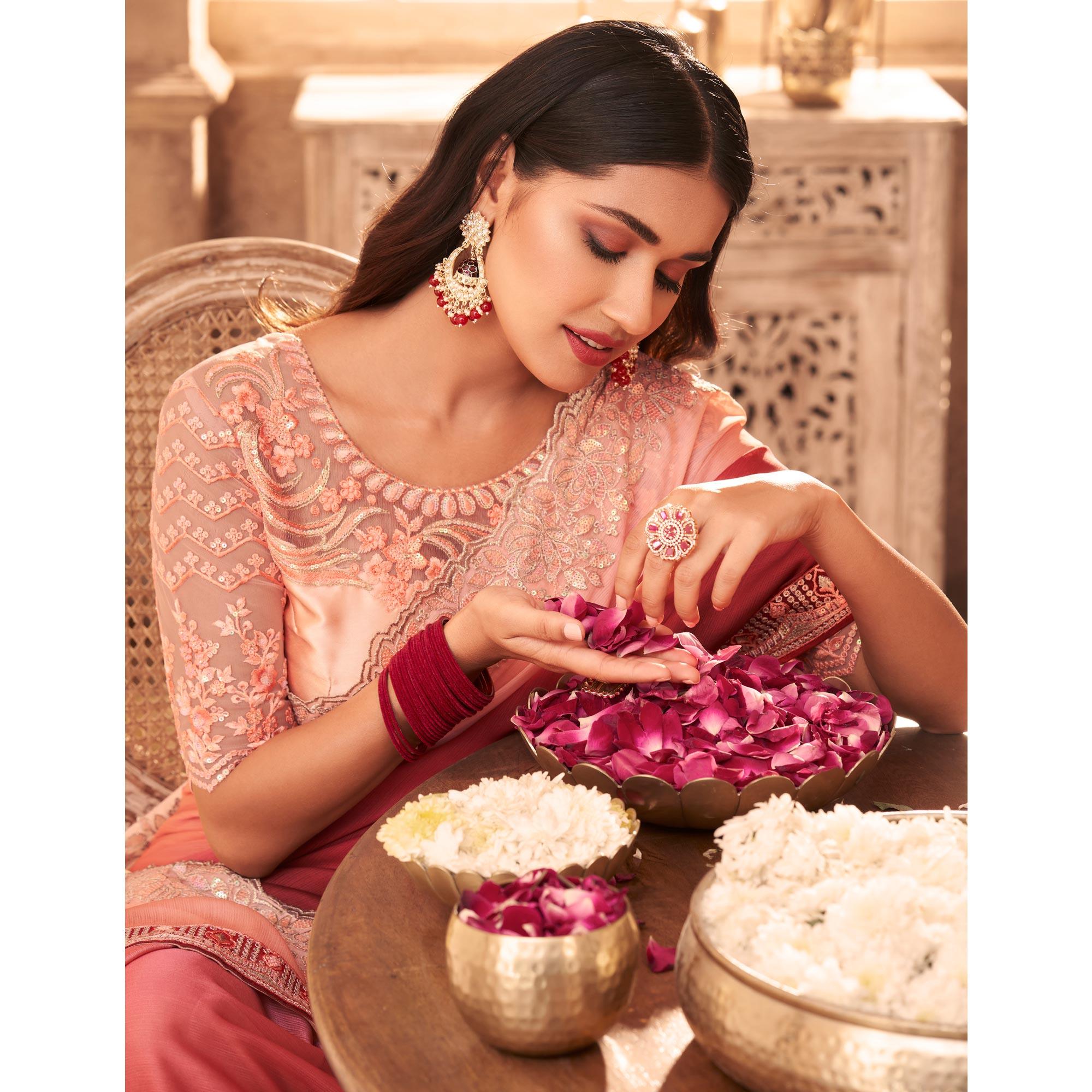 Rust-Peach Partywear Embroidered Silk Half and Half Saree - Peachmode
