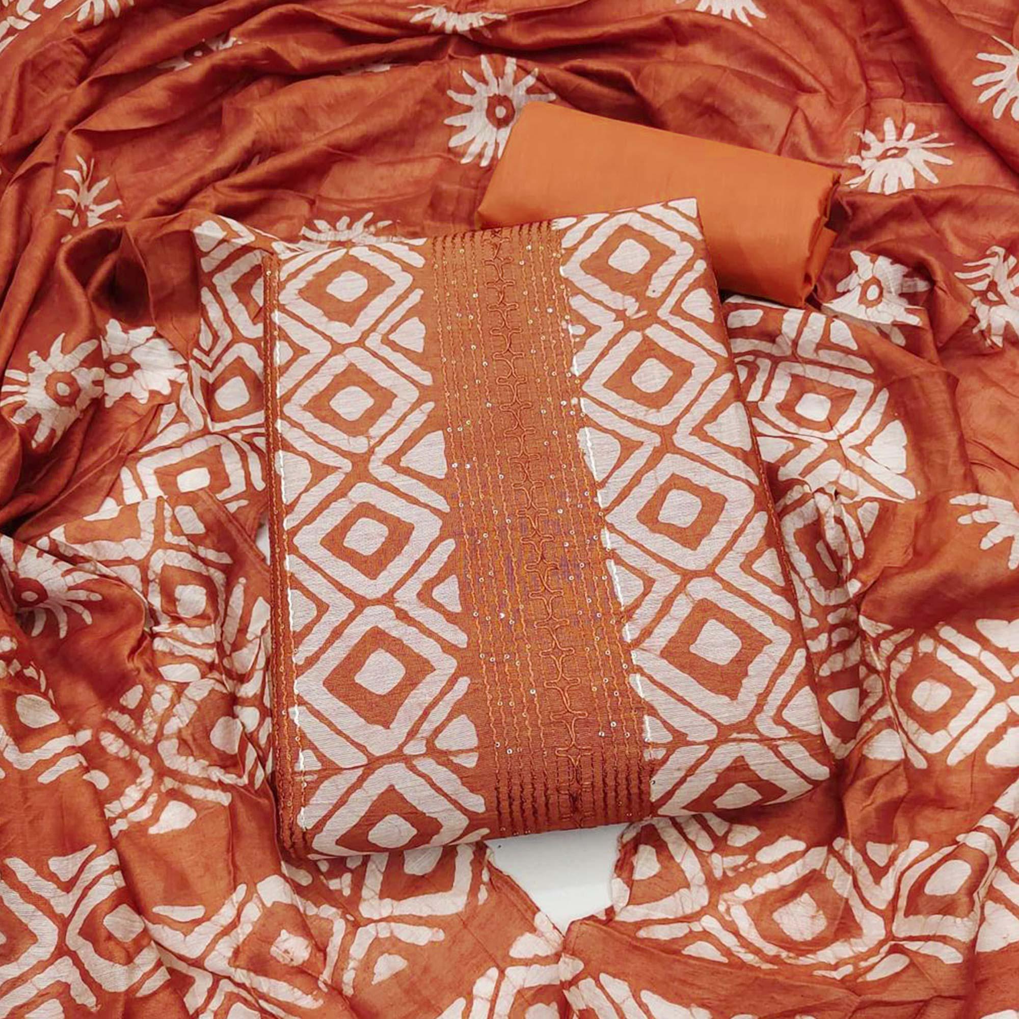Rust Printed Poly Cotton Dress Material - Peachmode
