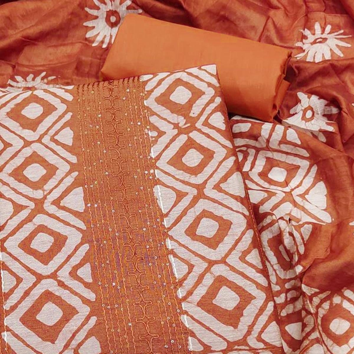 Rust Printed Poly Cotton Dress Material - Peachmode