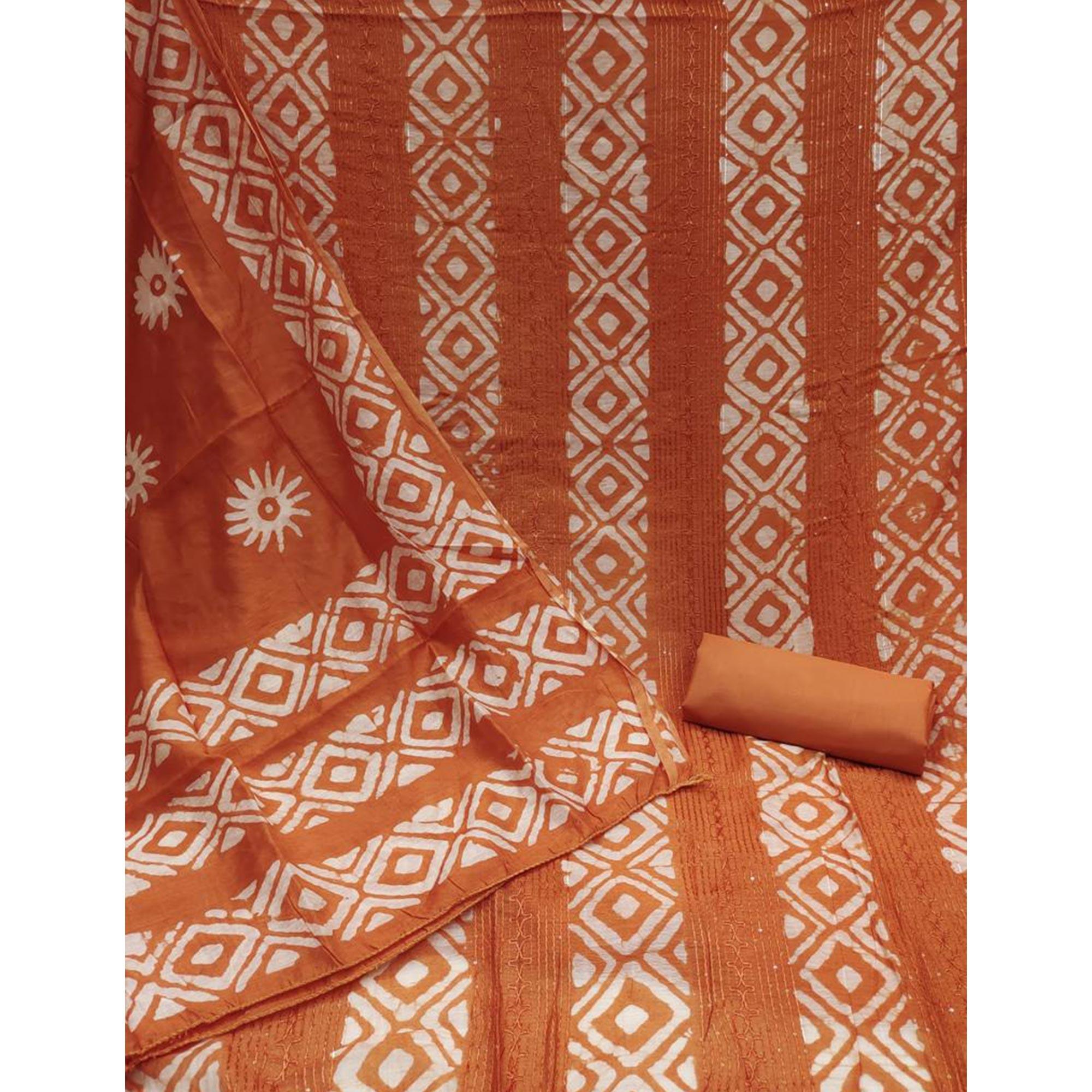 Rust Printed Poly Cotton Dress Material - Peachmode