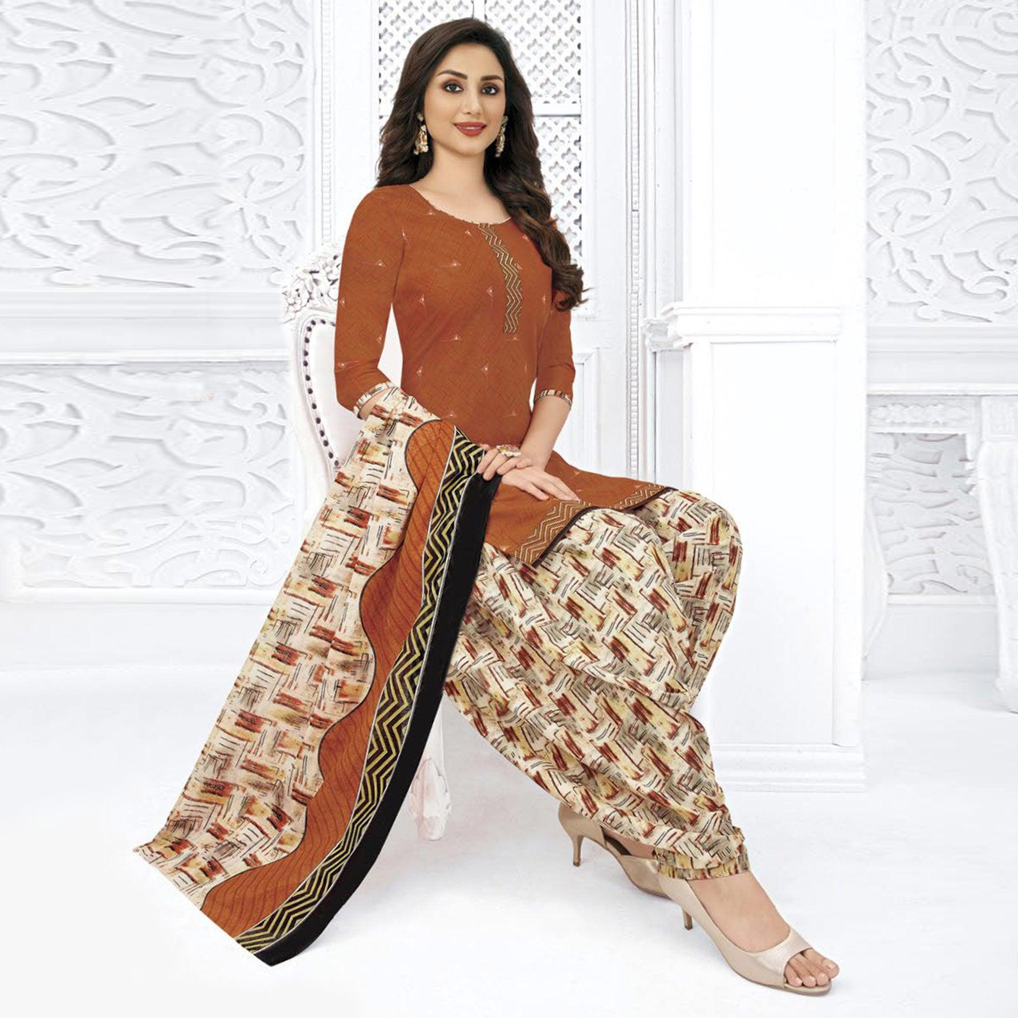 Rust Printed Pure Cotton Stitched Patiala Suit - Peachmode