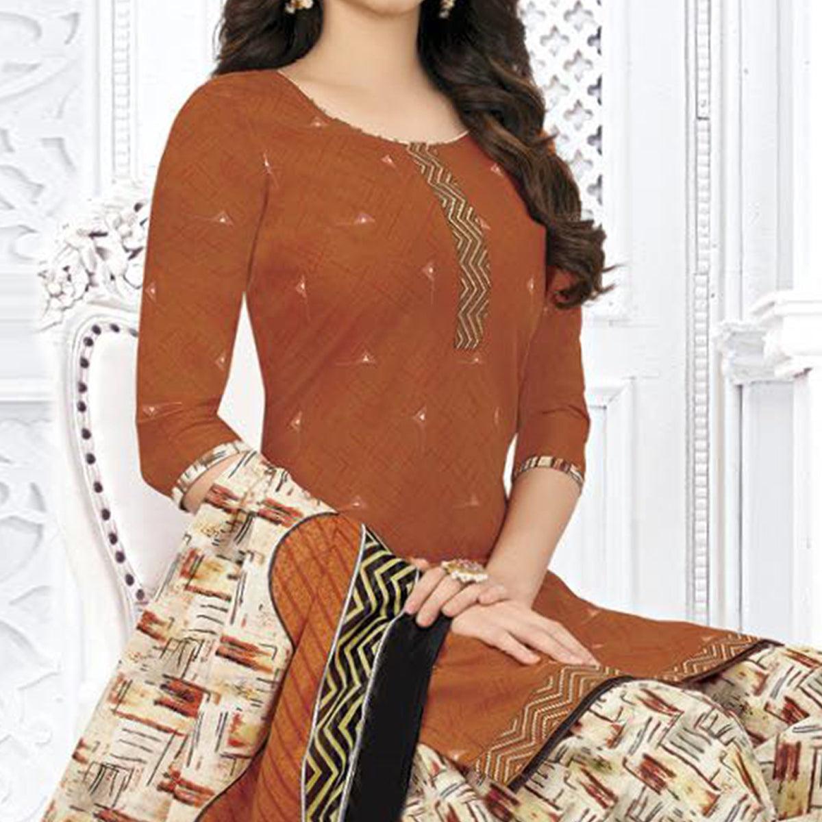 Rust Printed Pure Cotton Stitched Patiala Suit - Peachmode