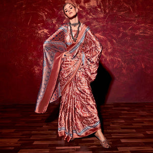 Rust Printed Satin Saree - Peachmode