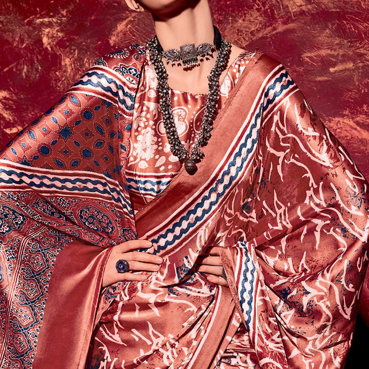 Rust Printed Satin Saree - Peachmode